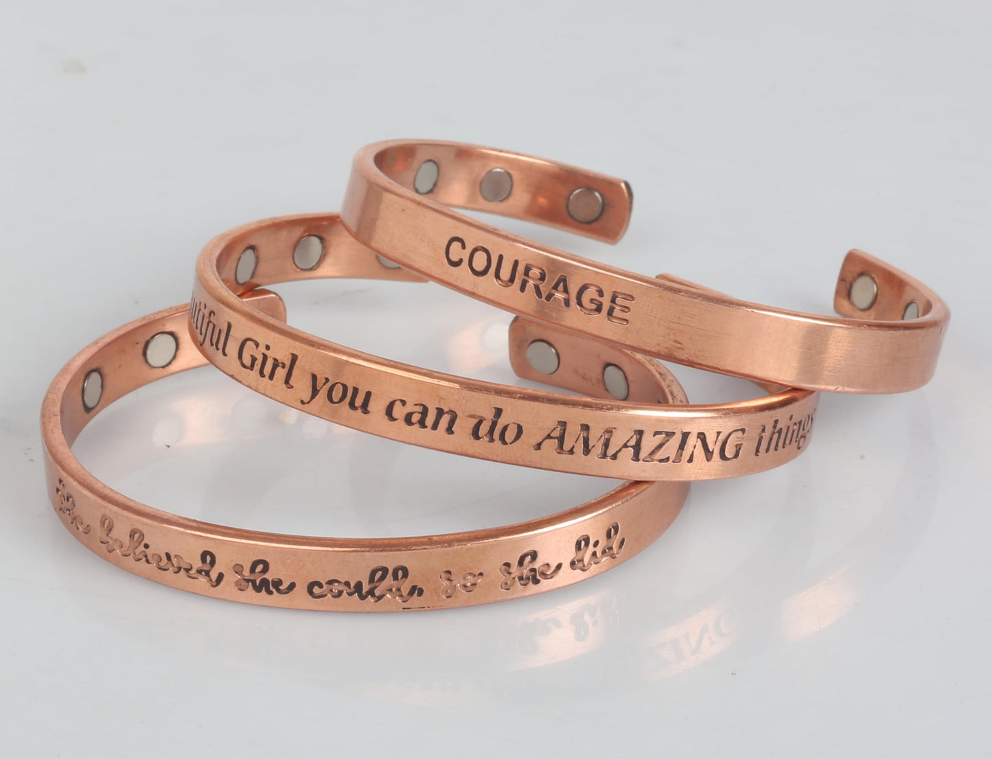 Touchstone copper bracelets | gift for men women |adjustable 100% pure solid real magnetic jewelry | handmade bracelet set combo | rope braided tibetan bangles. Set of 3 different messages engraved.