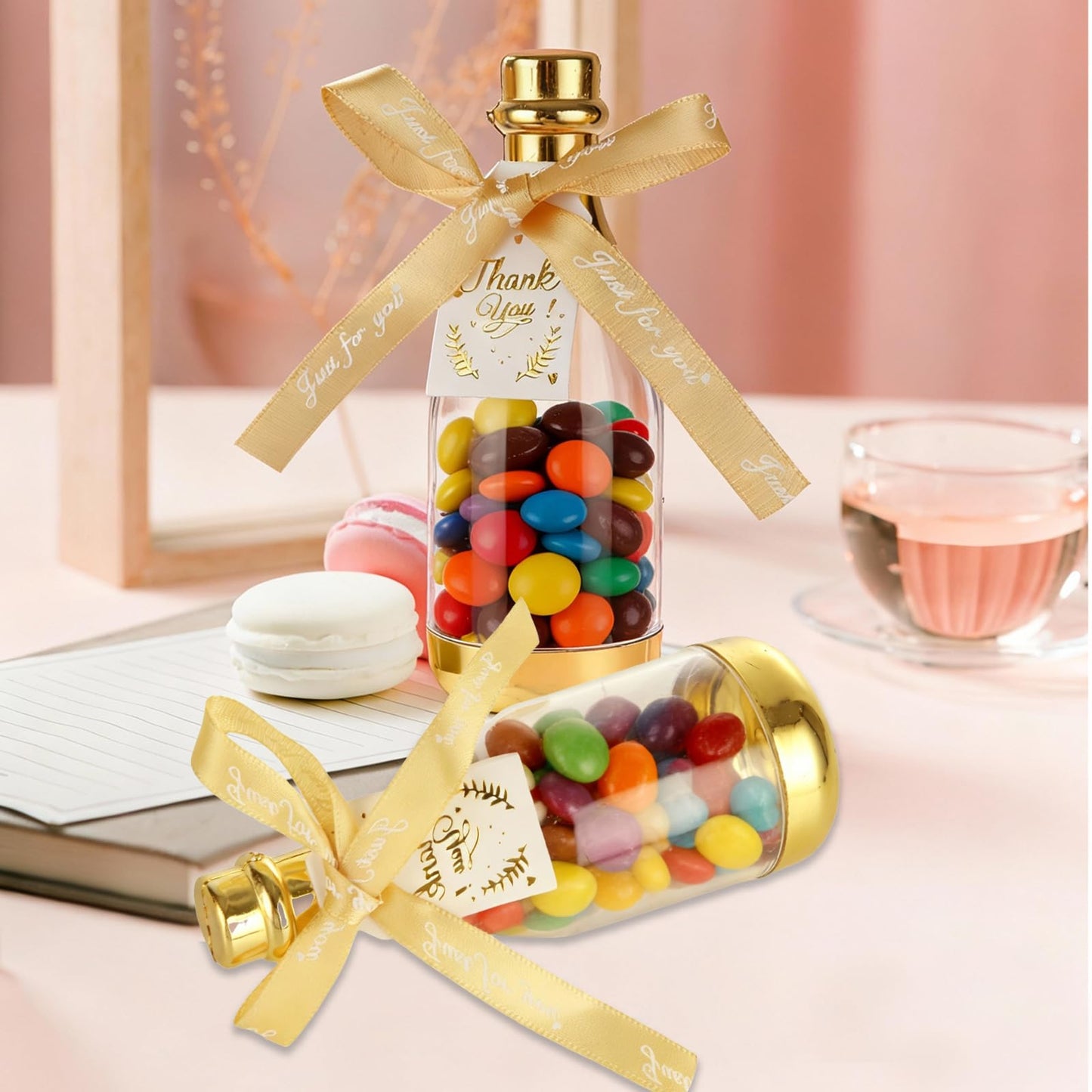 LOLYSIC 36PCS Mini Champagne Bottle Candy Container Shaped Jars Gold Plastic DIY Favor Candy Bottle Wedding Party Favor Containers, Comes with Card and Bow Ribbon