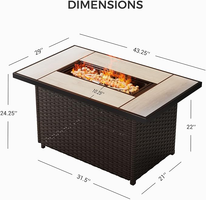 Grand patio 8-Piece Patio Furniture Set with 47" Fire Pit Table, Outdoor Conversation Set & 50,000 BTU 47 Inch Rectangle Propane Fire Pit with Water Resistant Blue Thick Cushions, Brown