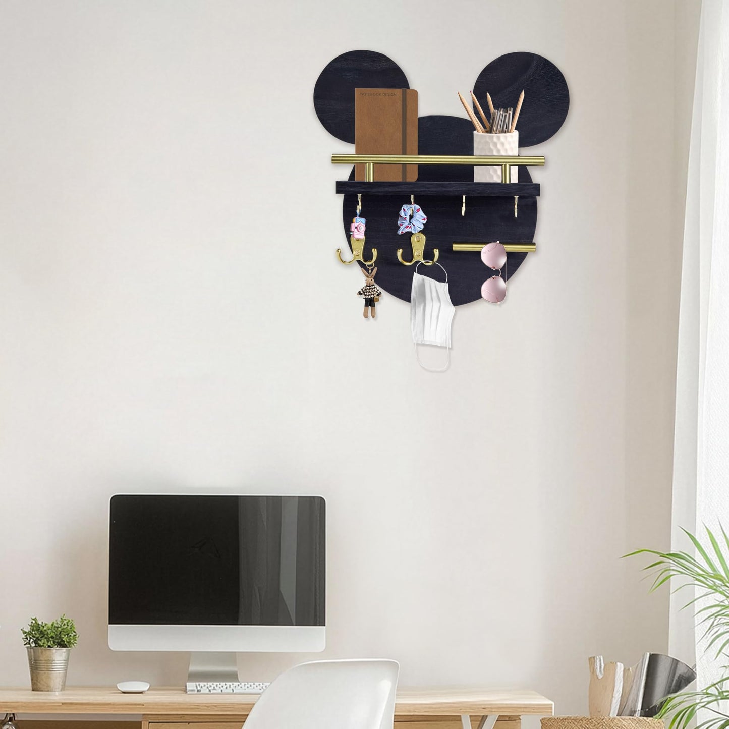 AIRPOP Key Holder for Wall–Mouse Wooden Mail Organizer Wall Mount with Shelf and 6 Hooks, Easy Installation Key Rack Hanger for Entryway Living Room Home Decor (Black)