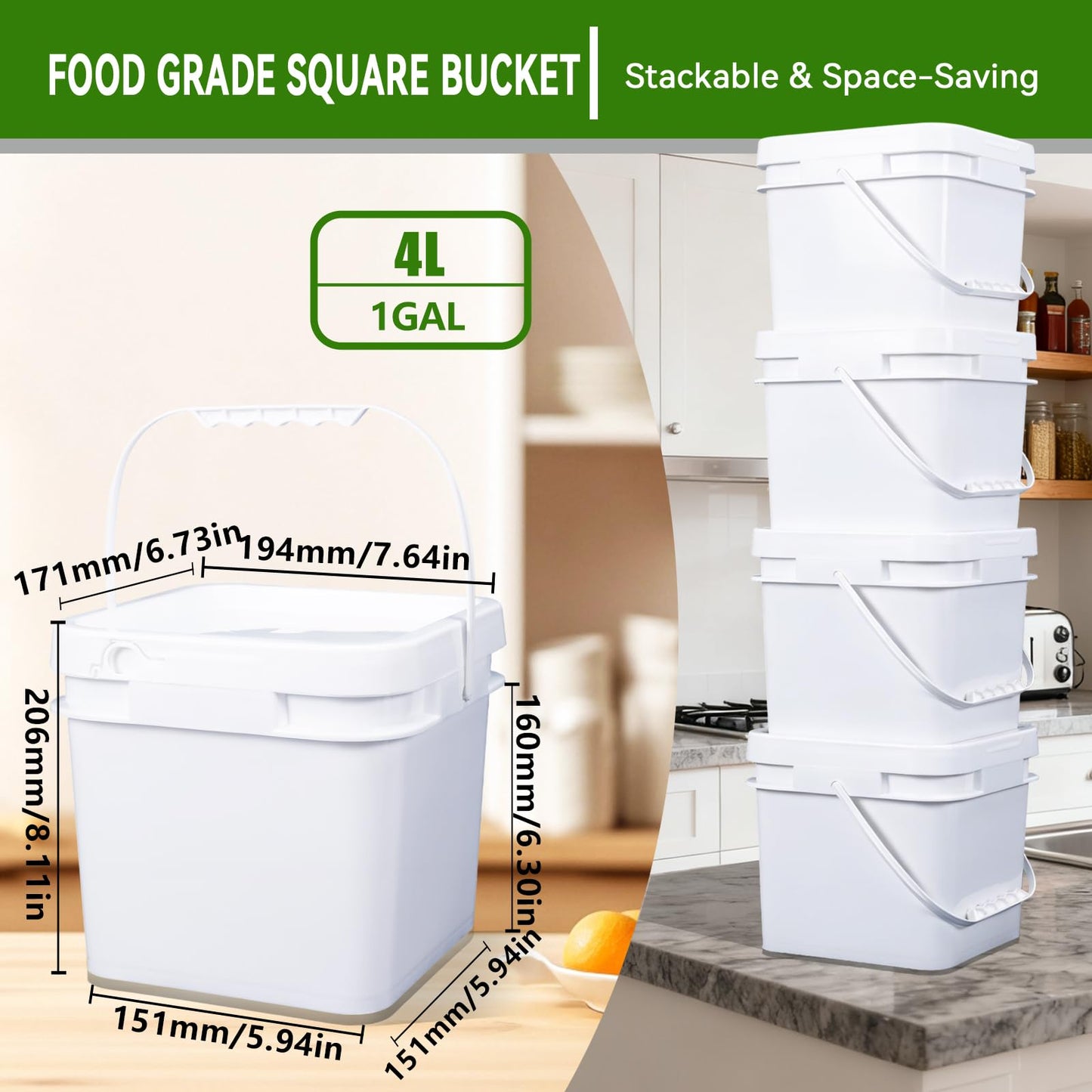 UMETASS Bucket with Lid - 4 Packs Square White Plastic Storage Containers, Food Safe with Handle, Airtight Pressure Lids for Kitchen & Home (White, 1 gal)
