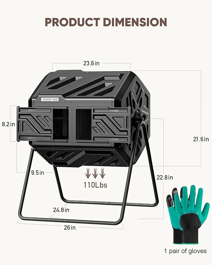 THEGROW'ING Updated 43 Gallon Compost Bin Outdoor, Fast Assemble Tumbling Composter, Dual Chamber Composter Tumbler, Rotating Compost Bin for Outside, Backyard, Garden and Yard, Black