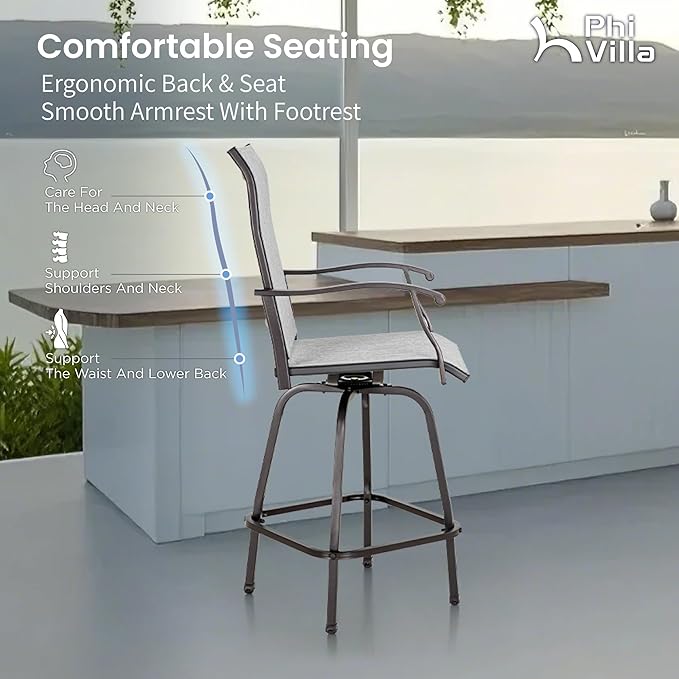 PHI VILLA Outdoor Swivel Patio Bar Stools Set of 4, 30 Inch Bar Height Tall Patio Chairs with Back & Armrest, Durable Textilene Fabric in Grey for Deck Lawn Garden