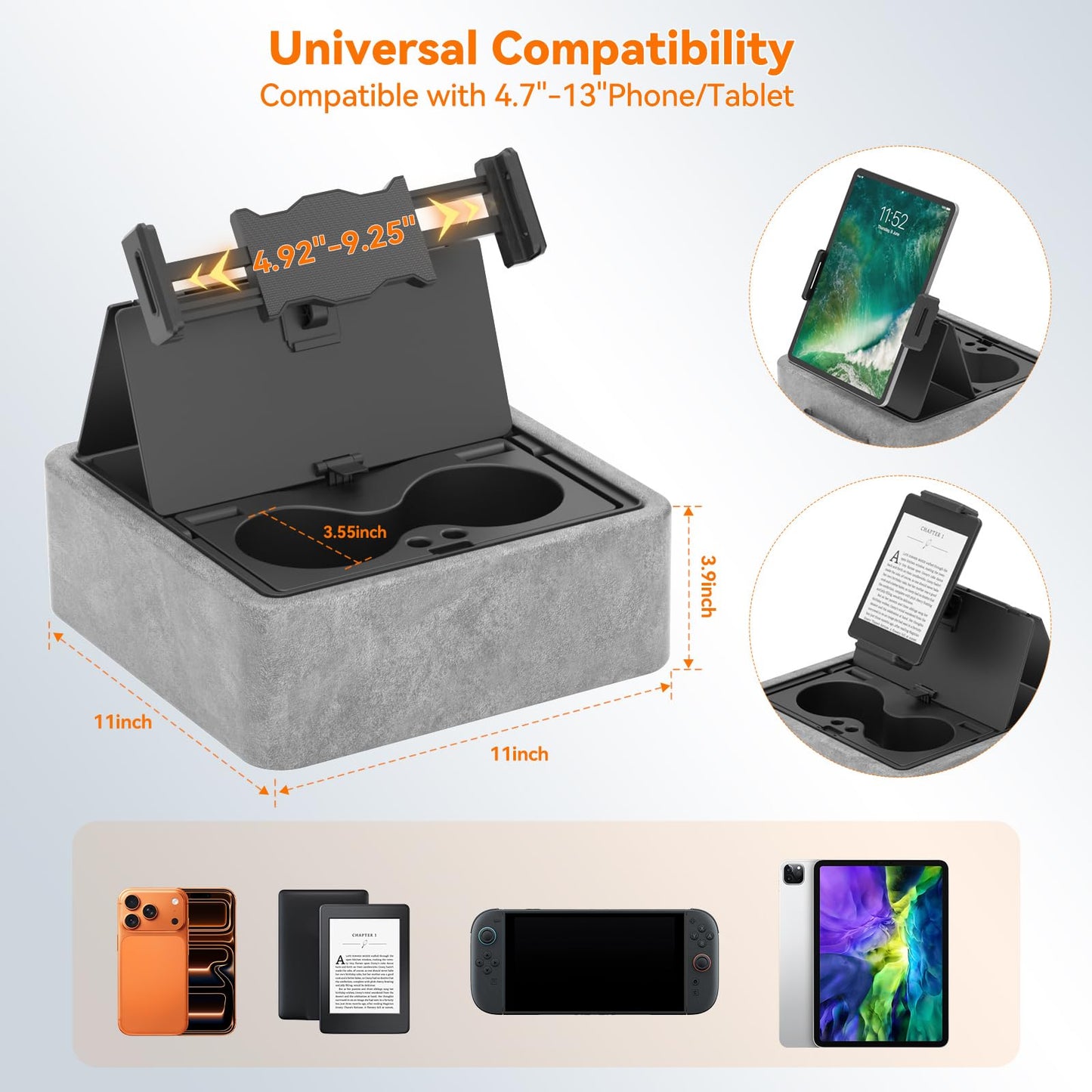 KDD Tablet Pillow Stand, Adjustable iPad Holder for Bed, Lap and Desk with Two Cup Holder and Storage Tray, 360°Rotating Clip Soft Dock Compatible with iPad Pro 12.9, Air, Mini, Phone and E-Reader