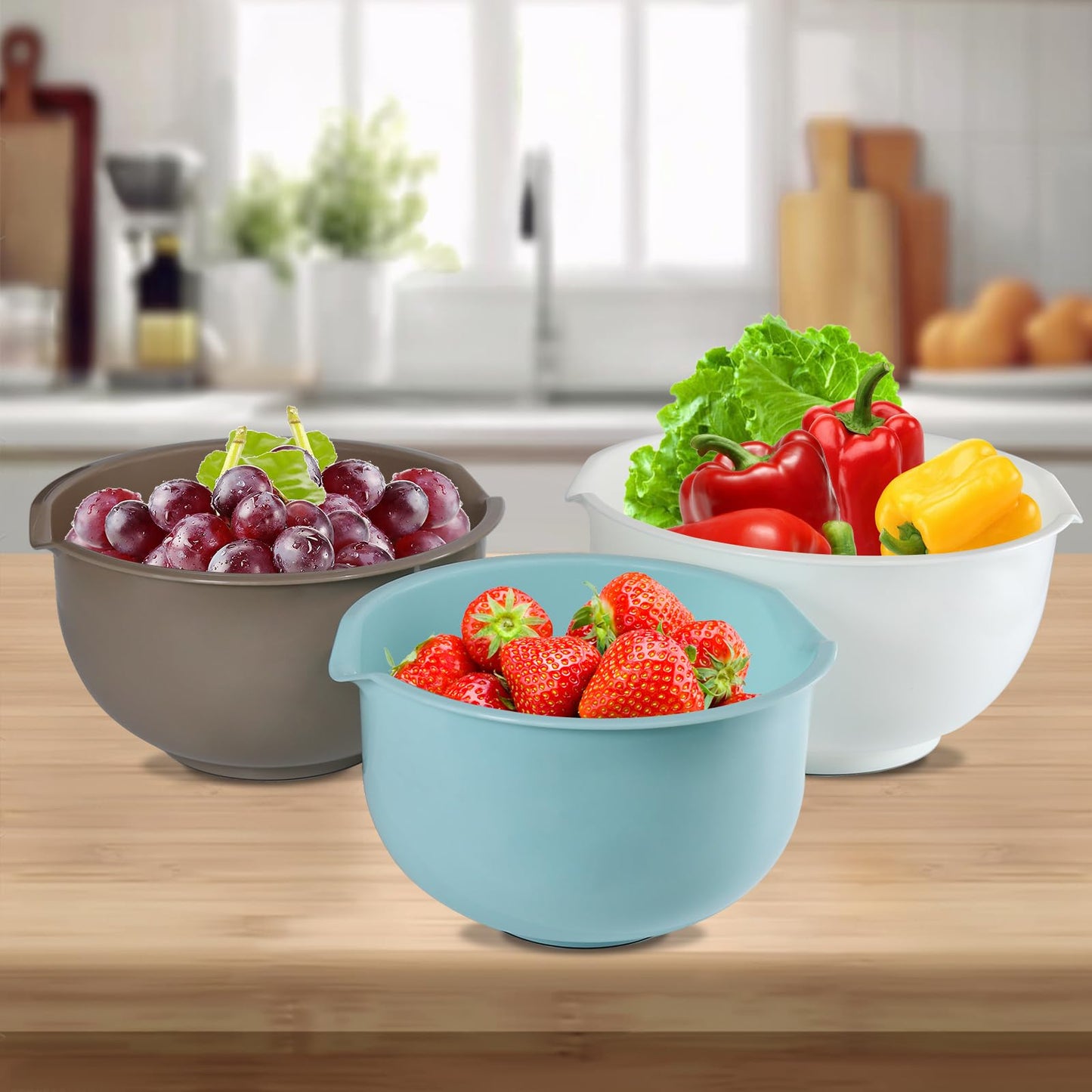 Cheeren Set of 3 Mixing Bowls with Pour Spout-Nesting Design Saves Space - Non-Slip, BPA Free, Dishwasher Safe Plastic - Kitchen Cooking and Baking Supplies (Blue Grey white)