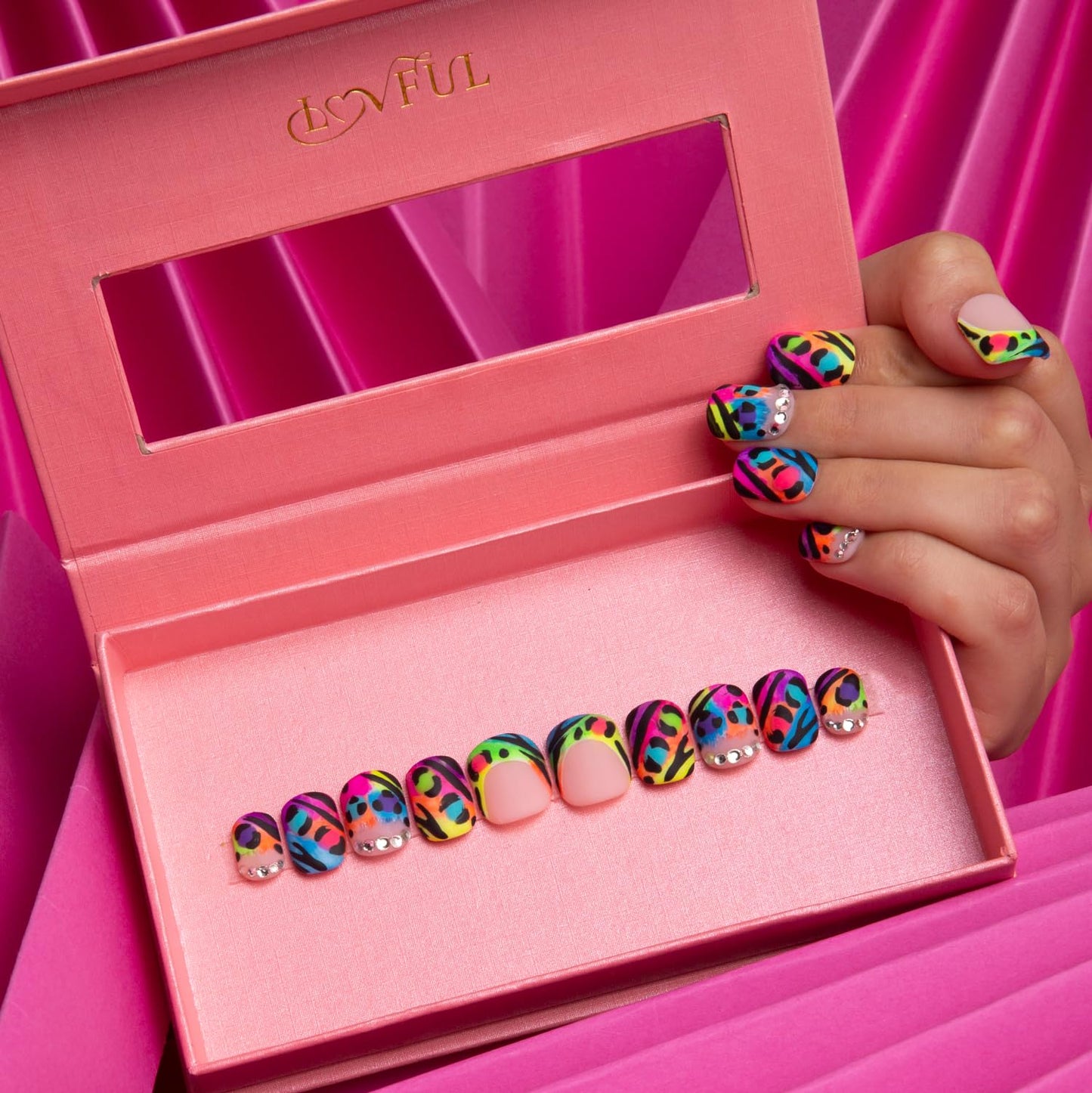 LOVFUL Press on Nails Illusion| Handmade with Full Covered Crystals | Reusable Fake Nails | Square Short 0.8 in | H123-L