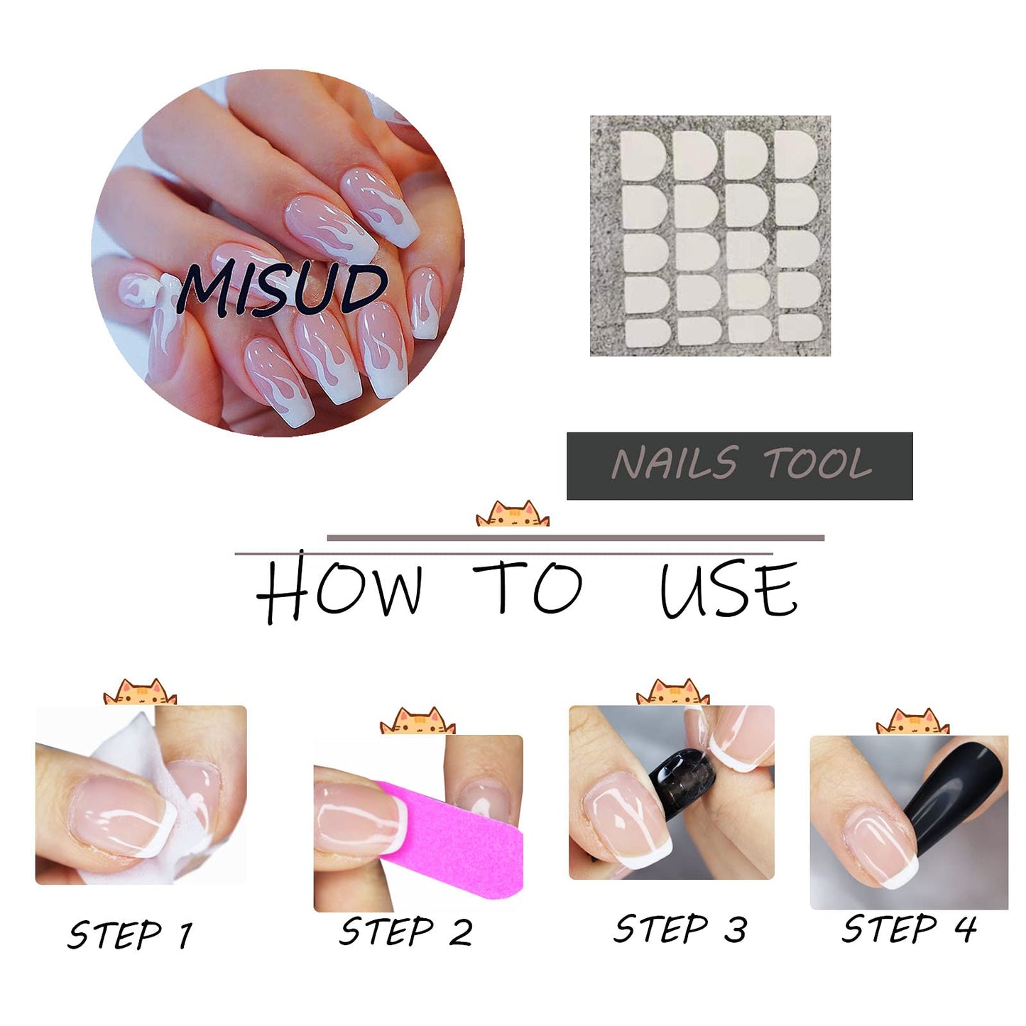MISUD Press on Nails - Medium Coffin Fake Nails, Acrylic Pink White Flame Design 24 pcs