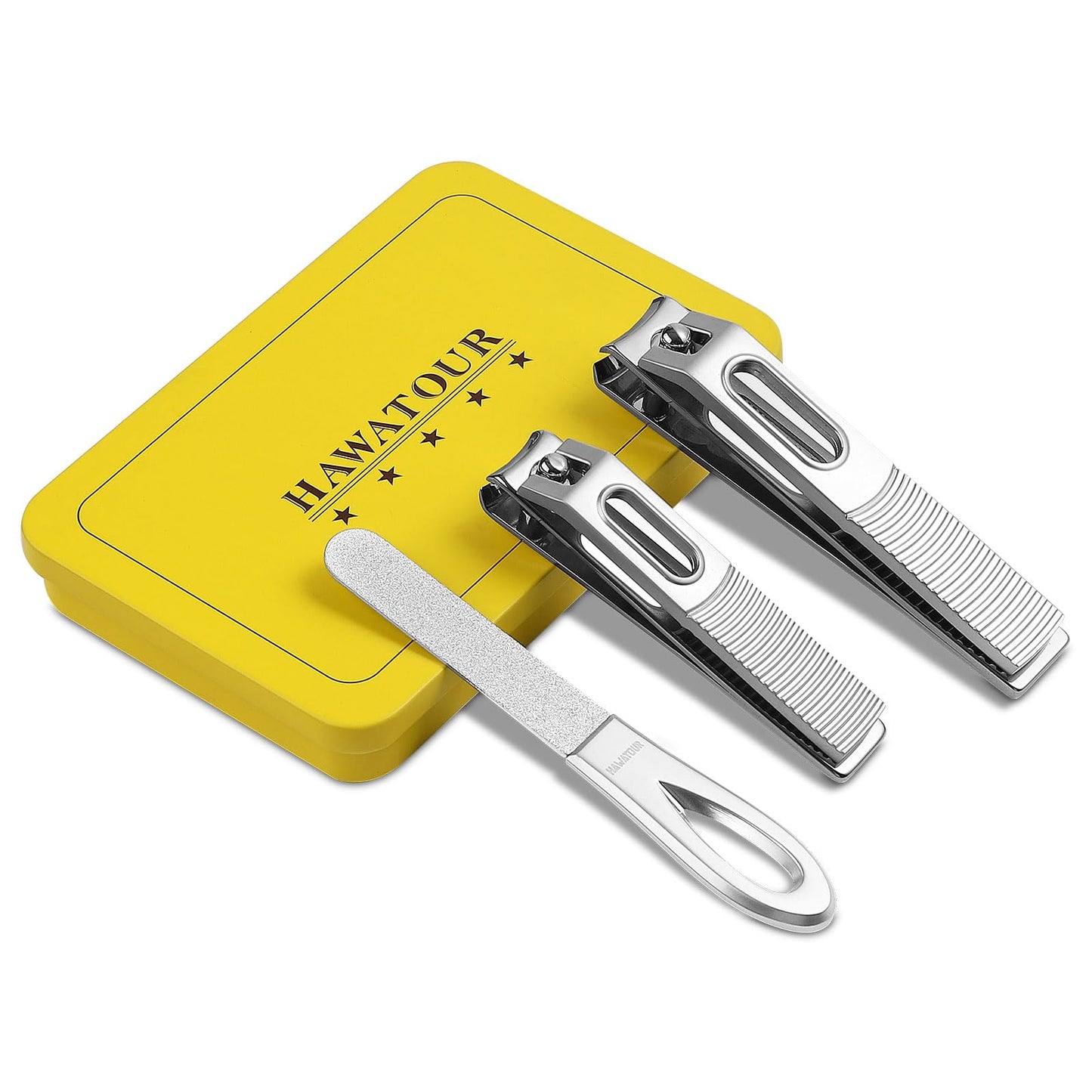 HAWATOUR Nail Clippers Set, Zinc Alloy 420J2 Stainless Steel Ultra Sharp Curved Blade Fingernail and Toenail Clipper with Visibly Tin Case, Cut-Out Design, Silver