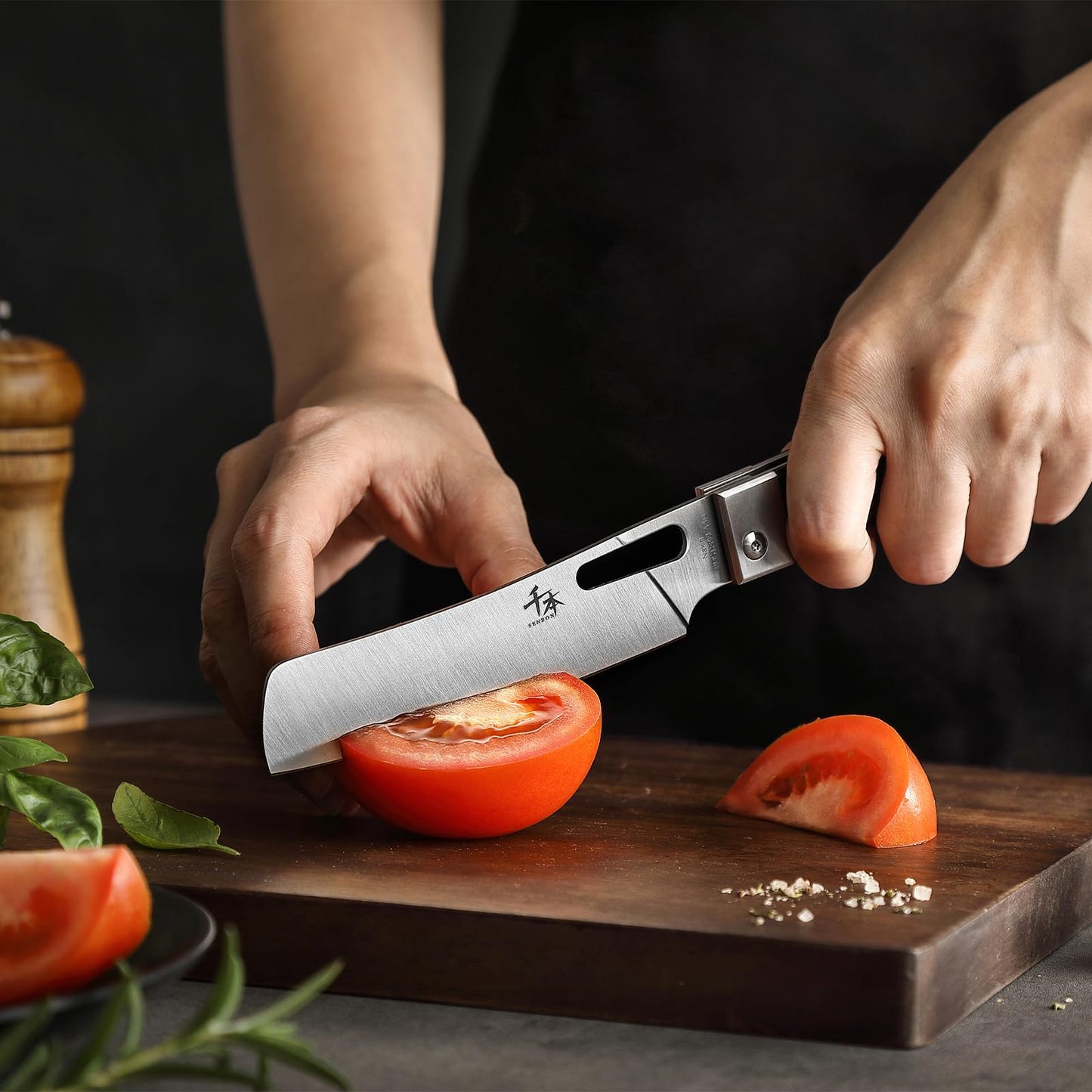 SENBON 440 stainless steel sharp set folding chef knife fruit knife carbon fiber handle camping barbecue outdoor portable kitchen knife with back clip