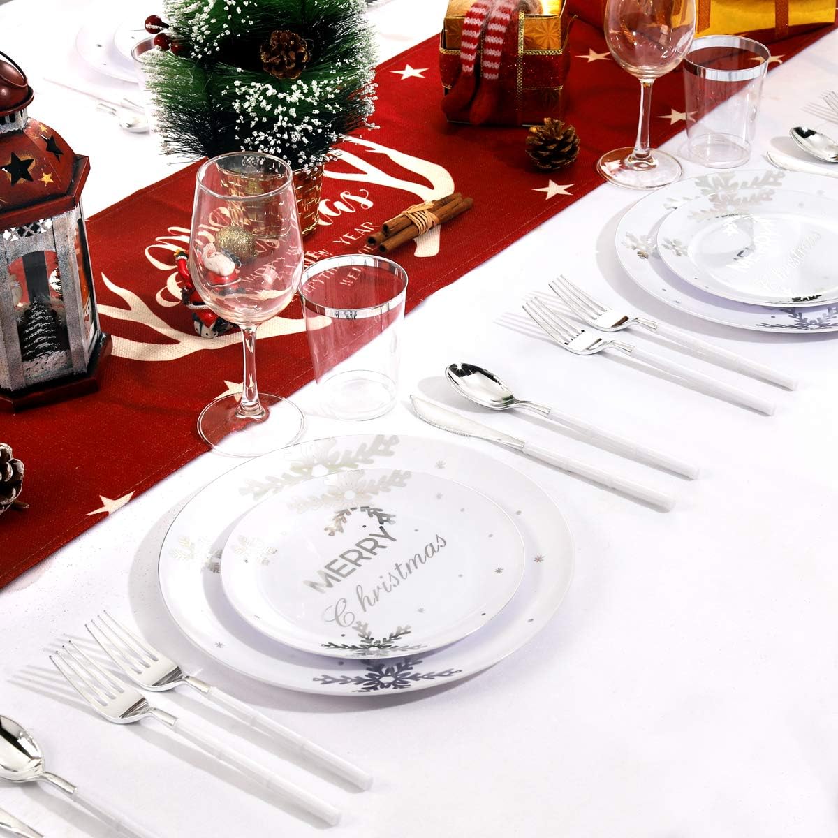 WDF 50Pieces Christmas Silver Plastic Plates- Snowflake Plastic Plates-Heavyweight White and Silver Disposable Plates for Christmas