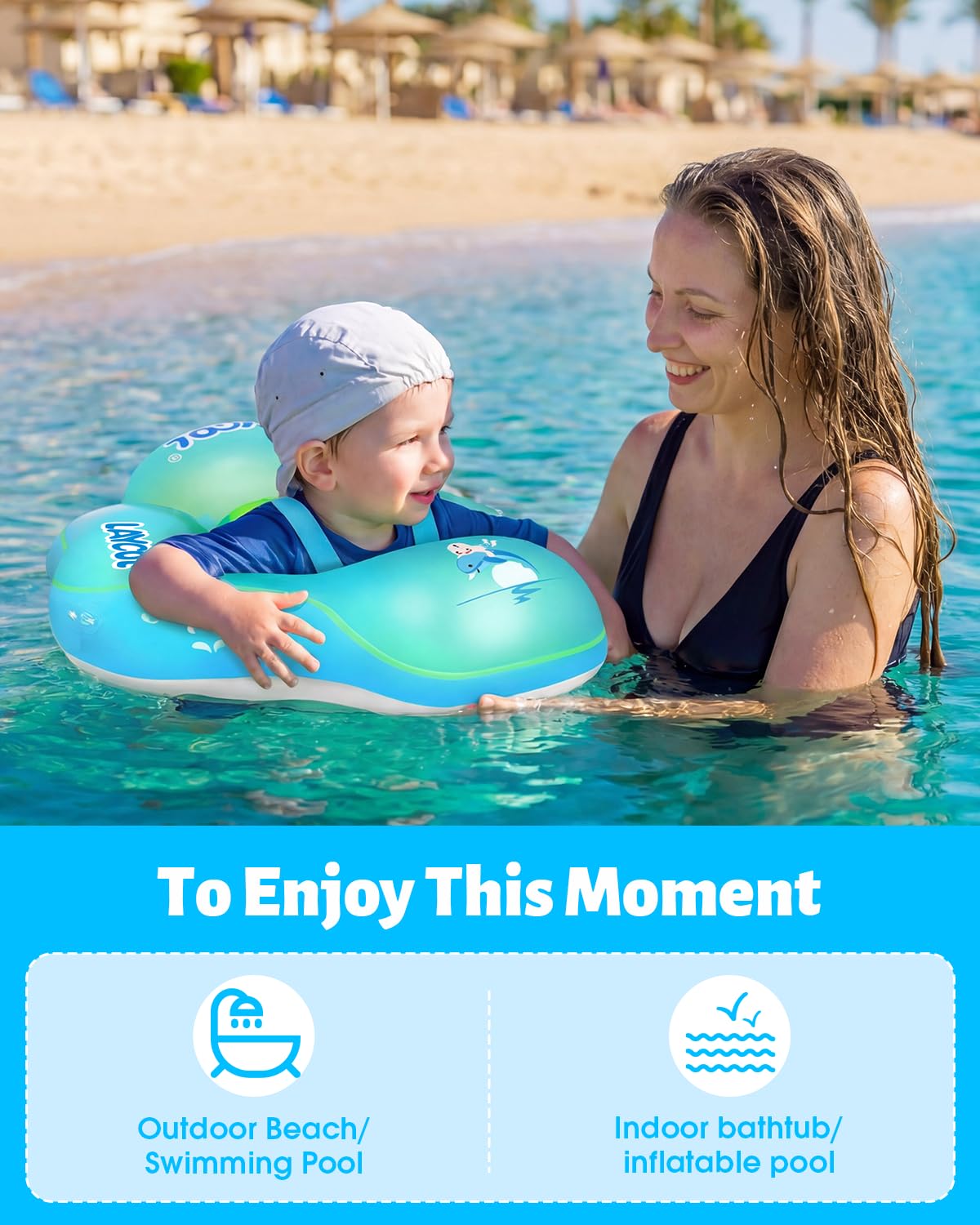 LAYCOL Baby Pool Float with Canopy UPF50+, 5 Point Safety Buckle No Flip Over, Inflatable Toddler Floaties Infant Pool Floats with Double Air Chambers, Baby Beach Essentials/Traval for 3-36M Blue L