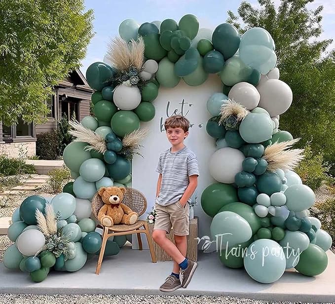 Dusty Blue & Sage Green Balloon Arch Kit, Double Stuffed – Slate Blue, Teal, Dusty Green & White Matte Latex Balloons for Baby Shower, Birthday & Wedding