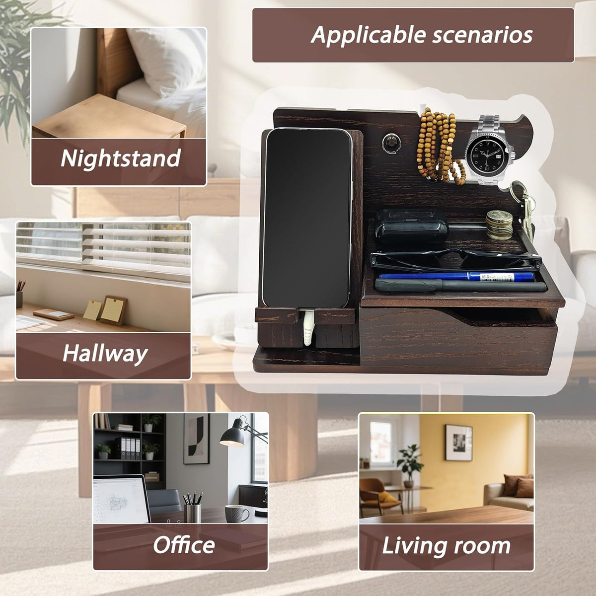 3-in-1 Wood Phone Docking Station Organizer with Drawer & Hidden Charging Hole for Phone, Keys, Glasses & Accessories, for Men (Brown, 01)