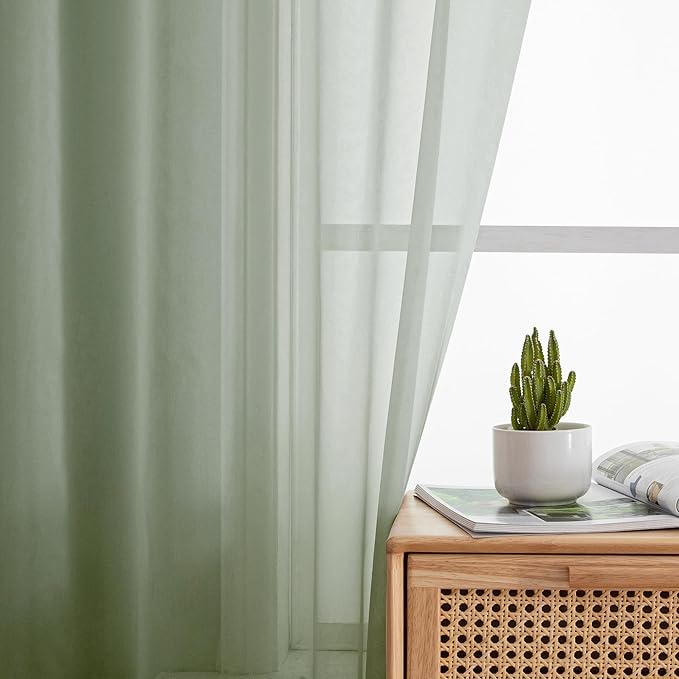 Aiyufeng Sage Green Sheer Curtains 96 Inch Length 2 PCS, Rod Pocket Voile Drapes for Bedroom Living Room, Semi Sheer Curtain Panels Window Treatments for Yard/Patio/Villa/Parlor, 40"x 96", Sage Green