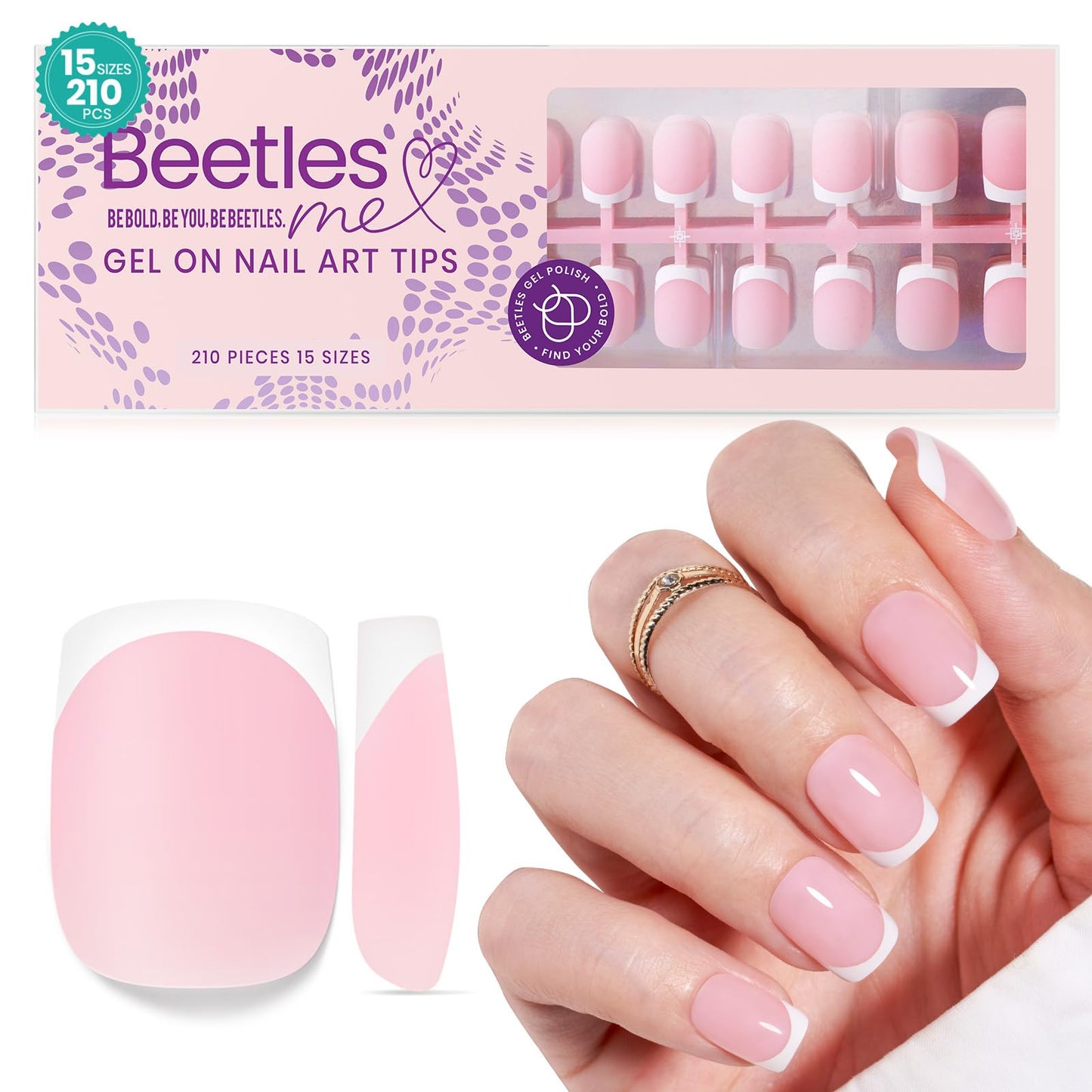 Beetles X Press Plus French Tip Nails - Peach French | Pink Extra Short Square Press On Nails | 15 Sizes 210 Pcs Natural Salon Quality Gel Nail Tips