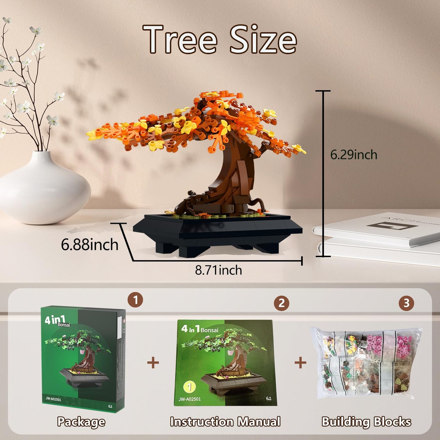 PDQAZIR 4 in 1 Bonsai Tree Building Blocks Set, 529PCS Nature Plant Model with Changeable Seasons, Creative Botanical Construction Kit for Home Décor, STEM Educational Toy Gift for Adults