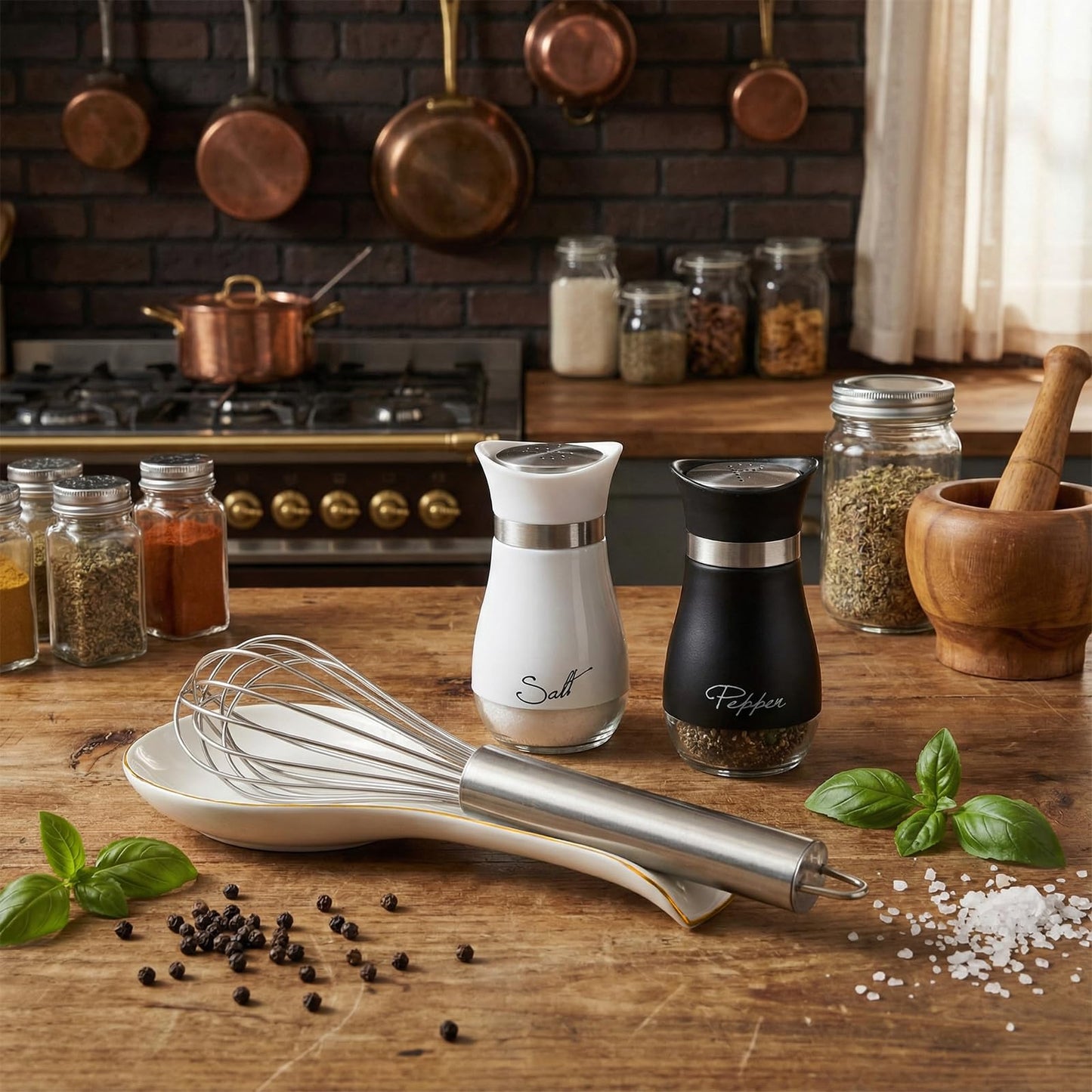 Patelai 3 Pcs Kitchen Counter Set Salt and Pepper Shakers with Ceramic Spoon Rest Farmhouse Rustic Modern for Kitchen Cooking Serving Dining BBQ Rv Housewarming Gifts
