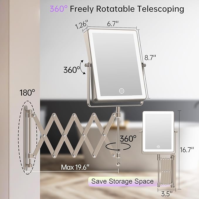 FASCINATE Rechargeable Wall Mounted Makeup Mirror with Lights, 8.7 Inch Double Sided Touch Switch 1X 30X Magnifying Bathroom Mirror, 3 Color Lights Touch Dimmable Extended Arm 360°Rotation (Nickel)