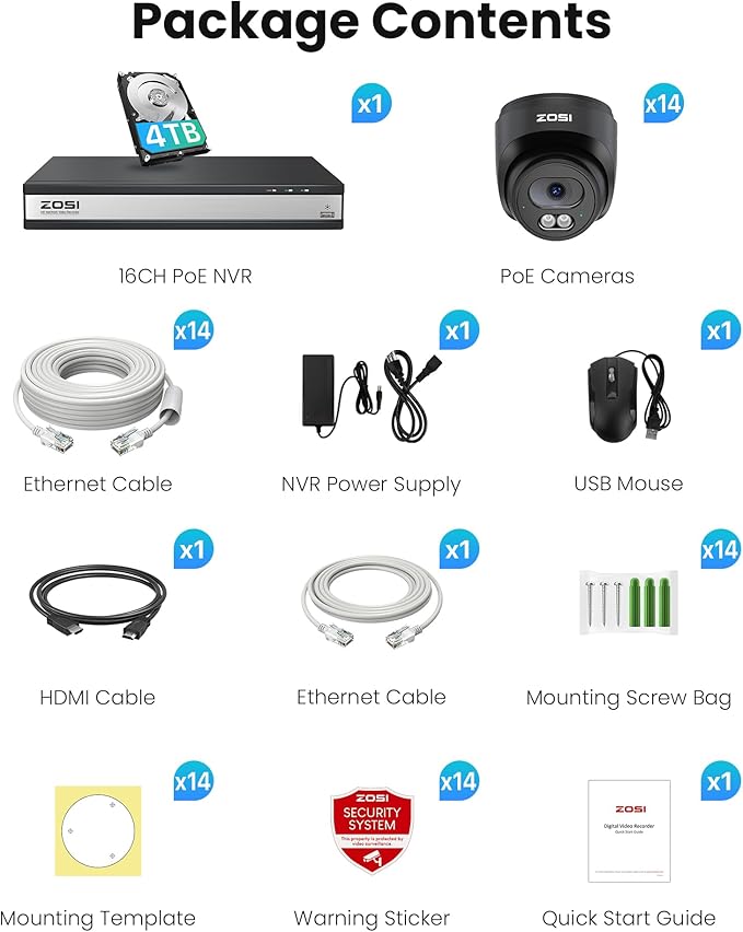 ZOSI C220 16CH 4K PoE Home Security Camera System, 16 Channel 4K 8MP NVR with 4TB HDD for 24/7 Record, 14 x 4MP(1440p) QHD 2.5K Dome IP Cameras Outdoor Indoor, Smart AI Human Detection, Two-Way Audio