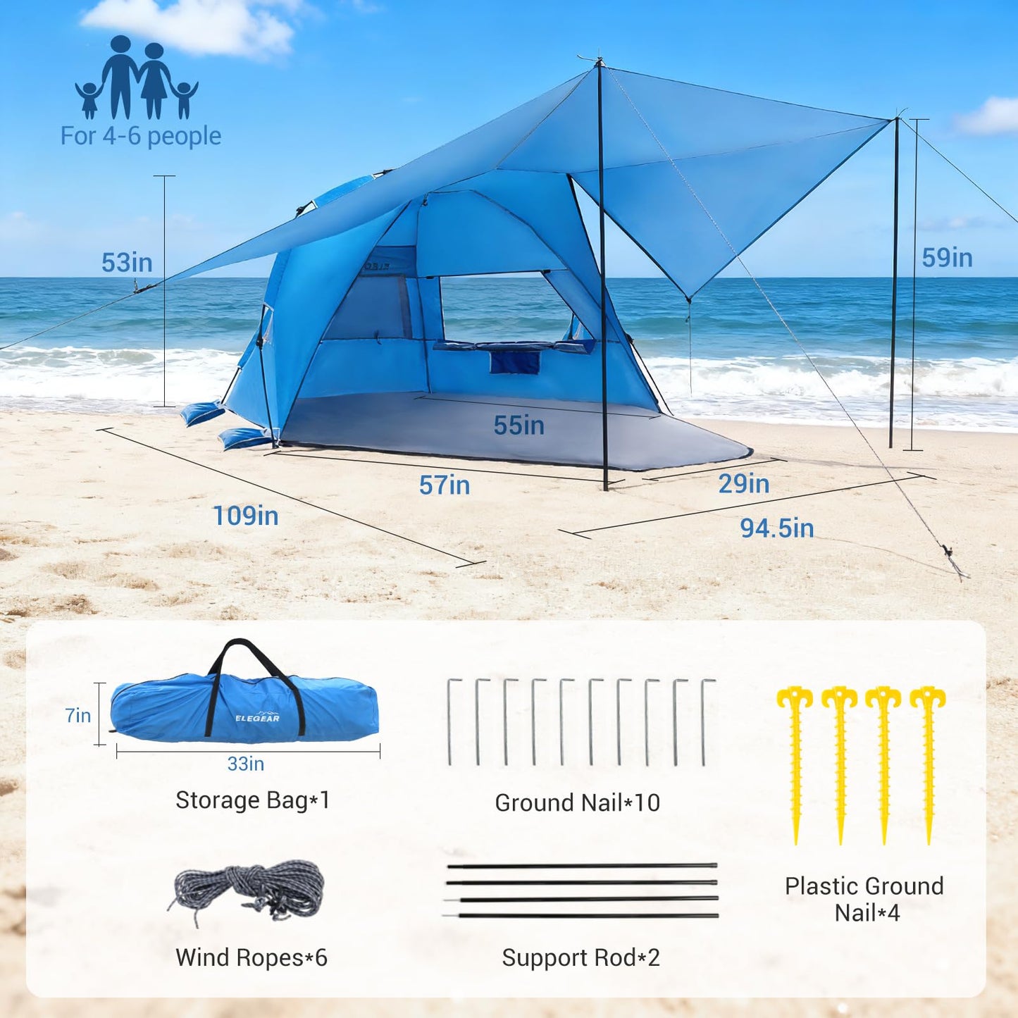 Elegear CumbreX™ Beach Tent with 360° Removable Canopy, 4-6 Person Pop Up Sun Shade Shelter, UPF 50+ Automated Installation Double Silver Coating Portable Lightweight Beach Cabana for Beach/Outdoor