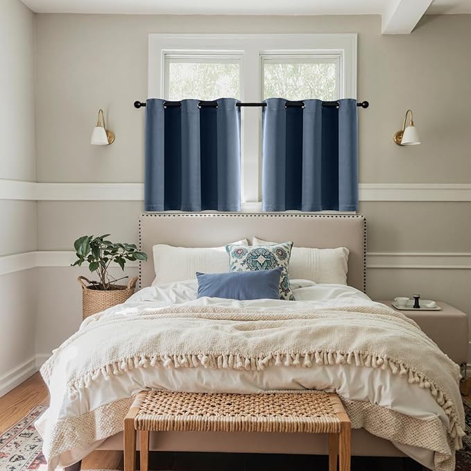 MIULEE Short Curtains for Windows - Stone Blue Blackout Half Window Curtains Thermal Insulated Privacy Drapes for Kitchen Bedroom Bathroom Grommet Top Small Basement Tiers W40 x L36 Inch 2 Panels