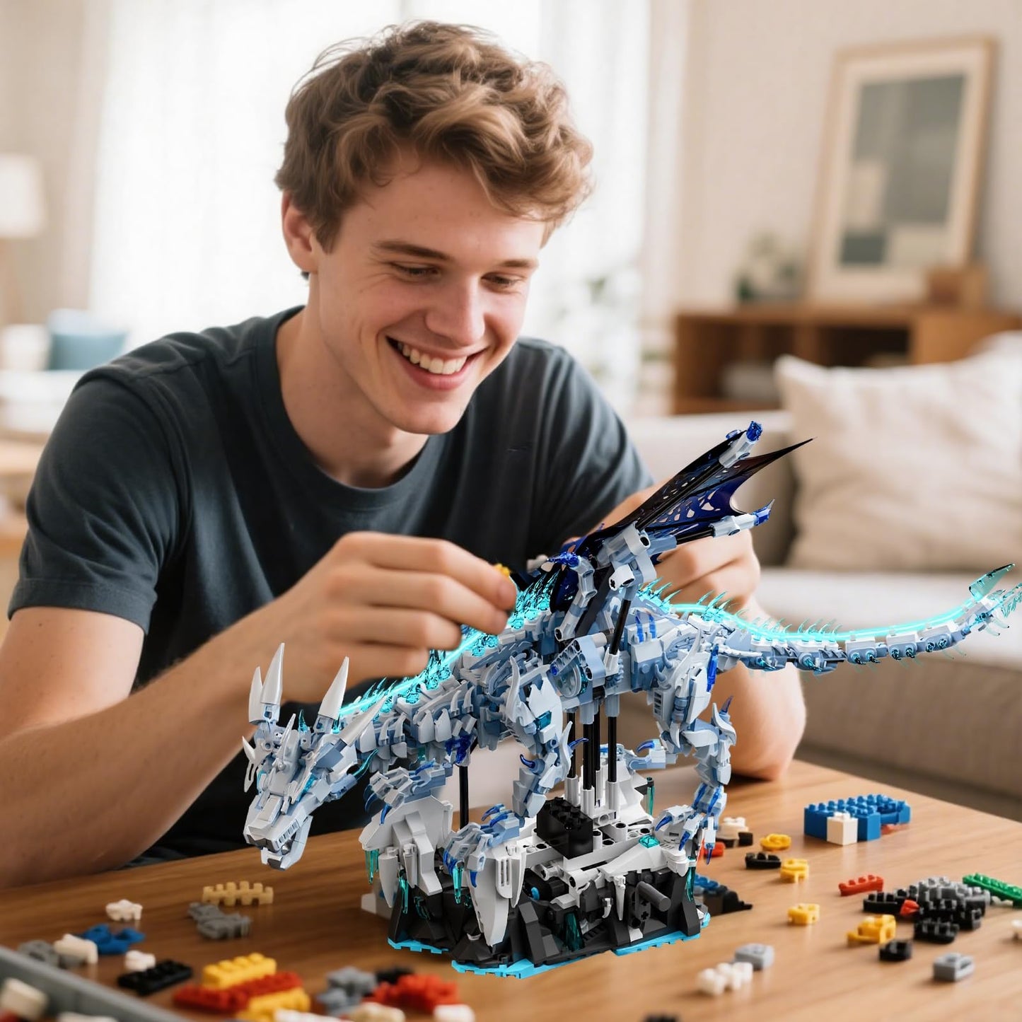 Myth Qholve Mechanical Dark Ice Dragon Building Block Set with Hand Crank Motion Movable Head, Wings & Limbs Fantasy Dragon Model Kit for Teens & Adults