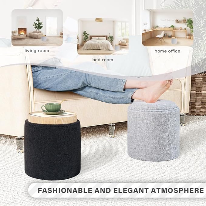 PINPLUS Round Boucle Ottoman with Tray, Storage Teddy Velvet Footstool Ottoman Cube for Living Room, Bedroom, Dorm 13.4"x13.4"x15" (Grey)