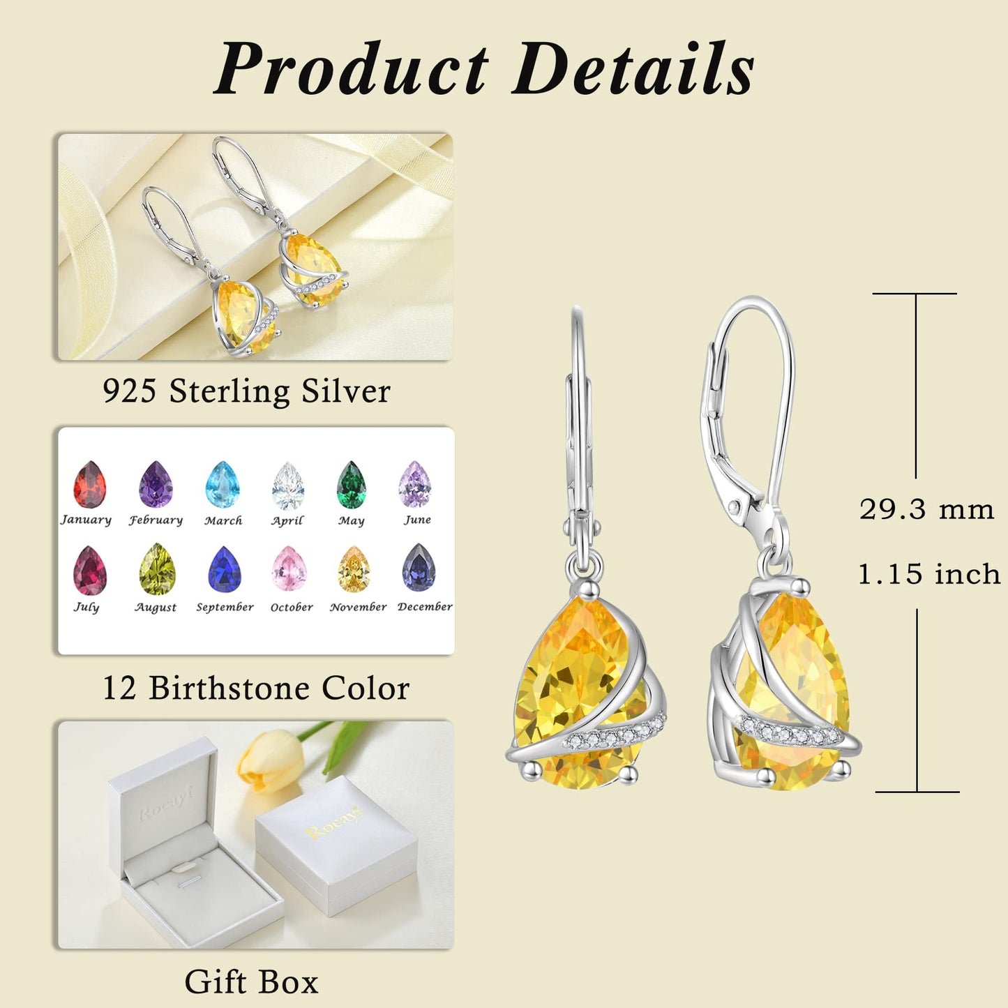 Rocayi Teardrop Citrine Earrings 925 Sterling Silver Dangle Drop Earrings November Birthstone Jewelry for Women