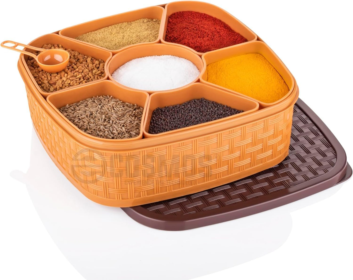 UNIMITY Plastic Square Multipurpose Masala/Spice/Dry Fruit Box Set 1 Piece- Brown (Masala Box -7 in 1)
