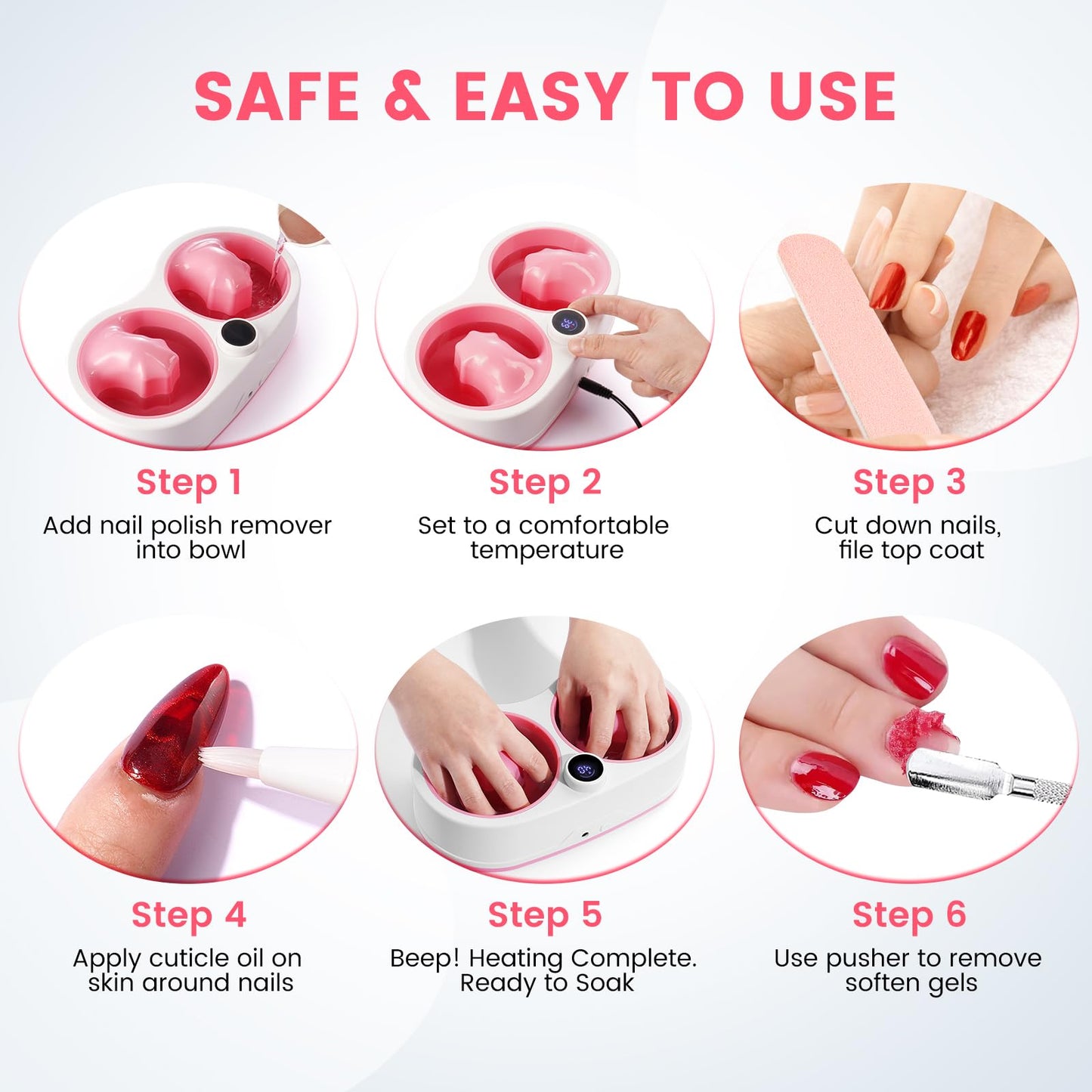 Dual Nail Soaking Bowl Electric: 31-50°C Temp Control Nail Soak off Bowl for Gel Polish Dip Acrylic Nails Remove- 2 in 1 Heated Hand Spa & Manicure Nail Remover Bowl Acetone Proof for Salon Home