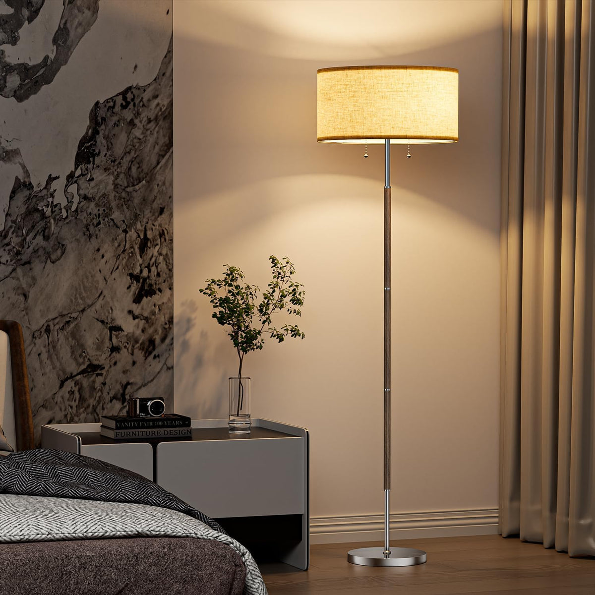 2-Light Floor Lamp, Mid Century Floor Lamp with Beige Lampshade, Standing Lamp Tall Lamp for Living Room Bedroom, 3 Color Temperatures 9W Bulb Include