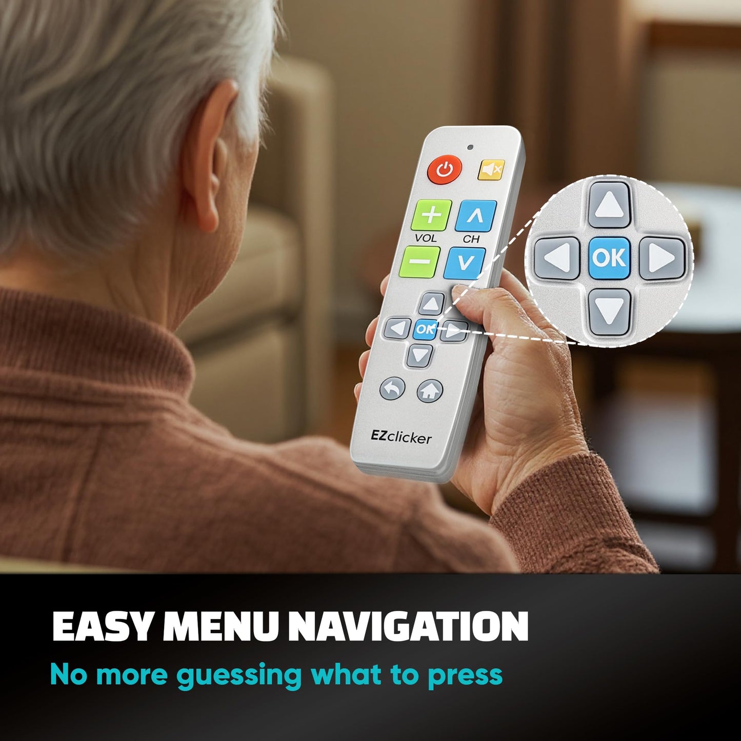EZclicker Big Button Universal TV Remote (Silver) Simple Easy to Use, Great for Seniors, Works with Major TV Brands (2xAAA Batteries Not Included)