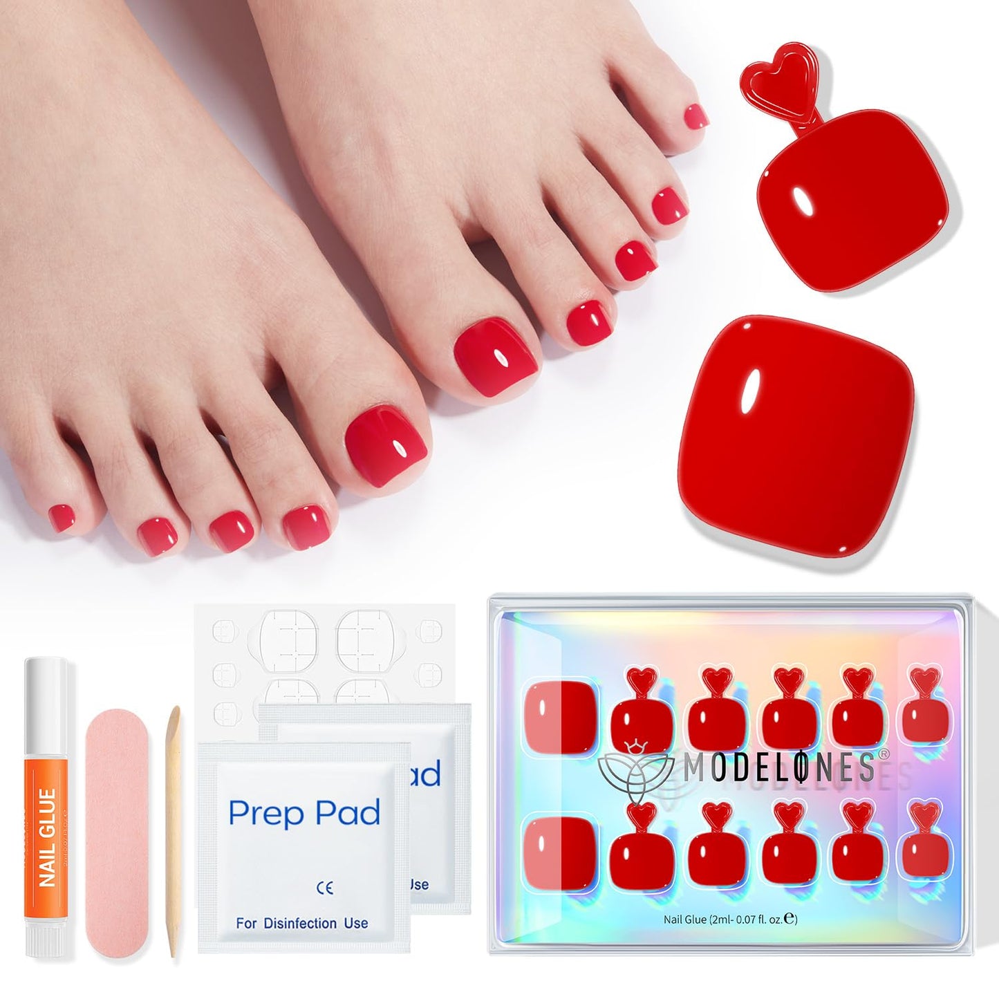Modelones Press on Toenails Short, Red Toe Press on Nails Square, Reusable Nail Kit with Nail Glue Adhesive Tabs Mini Nail File, Toe Nails 36Pcs 18Sizes, Spring Summer Women Girl Gift
