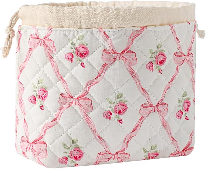 3Pcs Aesthetic Cotton Quilted Drawstring Makeup Bag Set, Aesthetic Cute Bow Makeup Pouch for Girls and Women, Aesthetic Travel Organized Cosmetic Bags for Purse(02Pink Flower Bow)