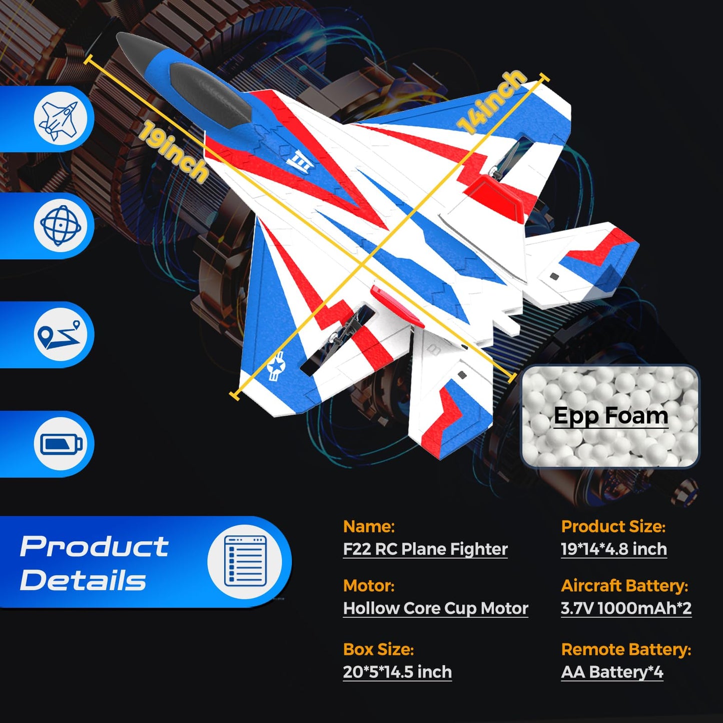 rcxsuv RC Airplane 4 Channel with Lights | F22 RC Plane with 6-axis Gyro Stabilizer for Beginner, Remote Control Airplane for Adults 37mins Flight Time - 19in*14in