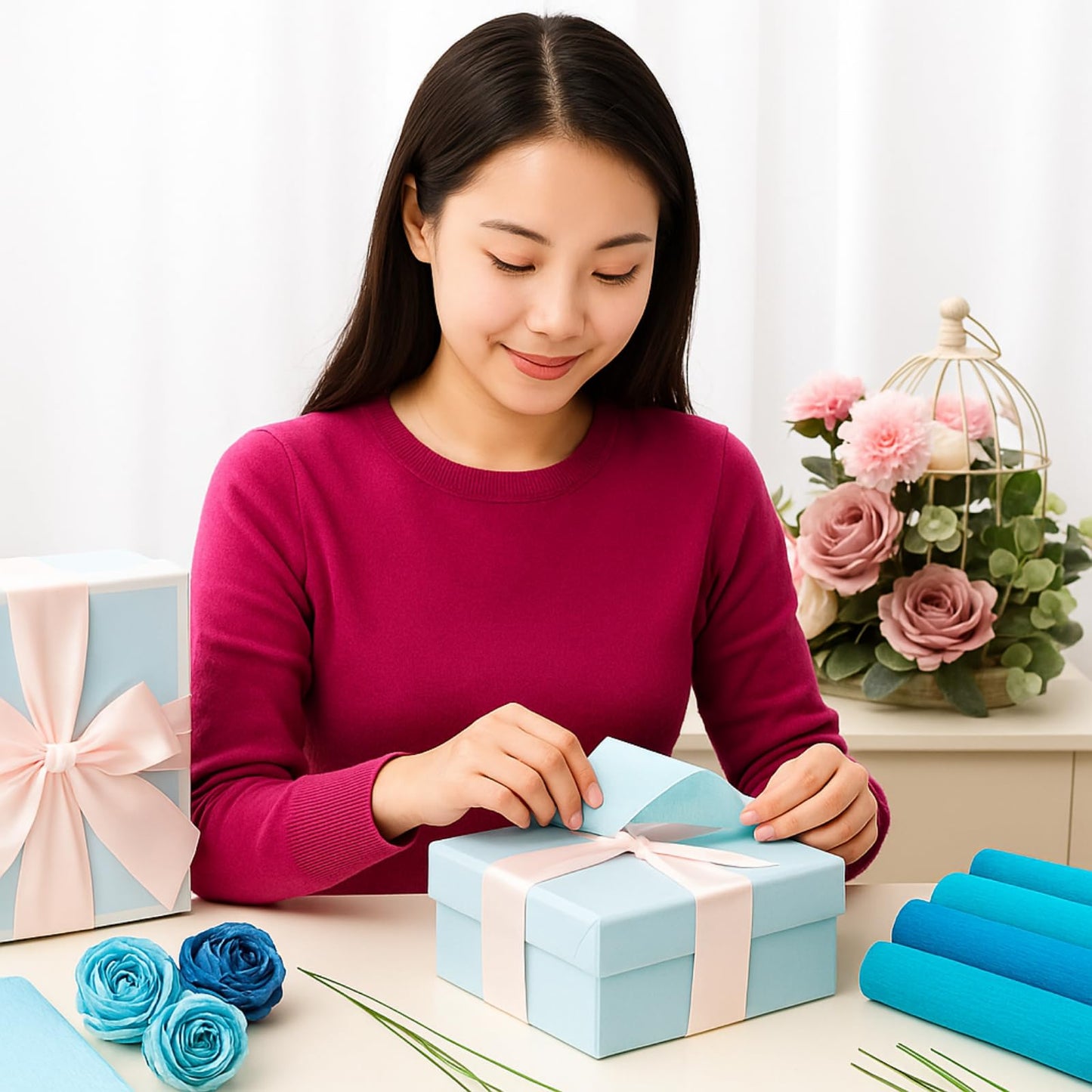 Gersoniel 57 Pcs Crepe Paper Flower DIY Kits 6 Rolls 35g Papel Crepe Sheets 50 Pcs Floral Iron Wire 10 Inch x 8 Feet 1 Roll 50 Meter for Birthday Party Wedding(Gradient Blue Series)