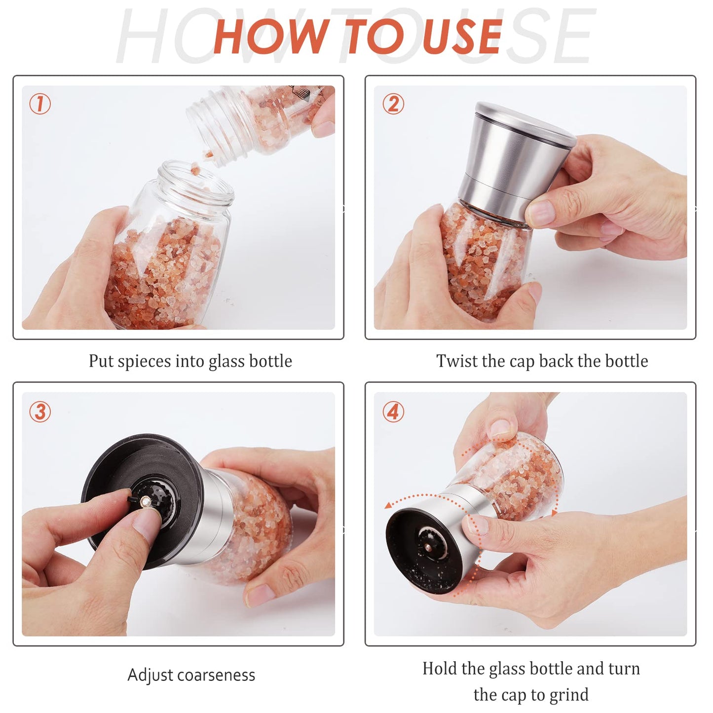 Ebaco Salt and Pepper Grinder Set - Refillable Grinder Adjustable Coarseness of Pepper Salt Spice Stainless Steel Mills Glass 6oz(2 Pack)