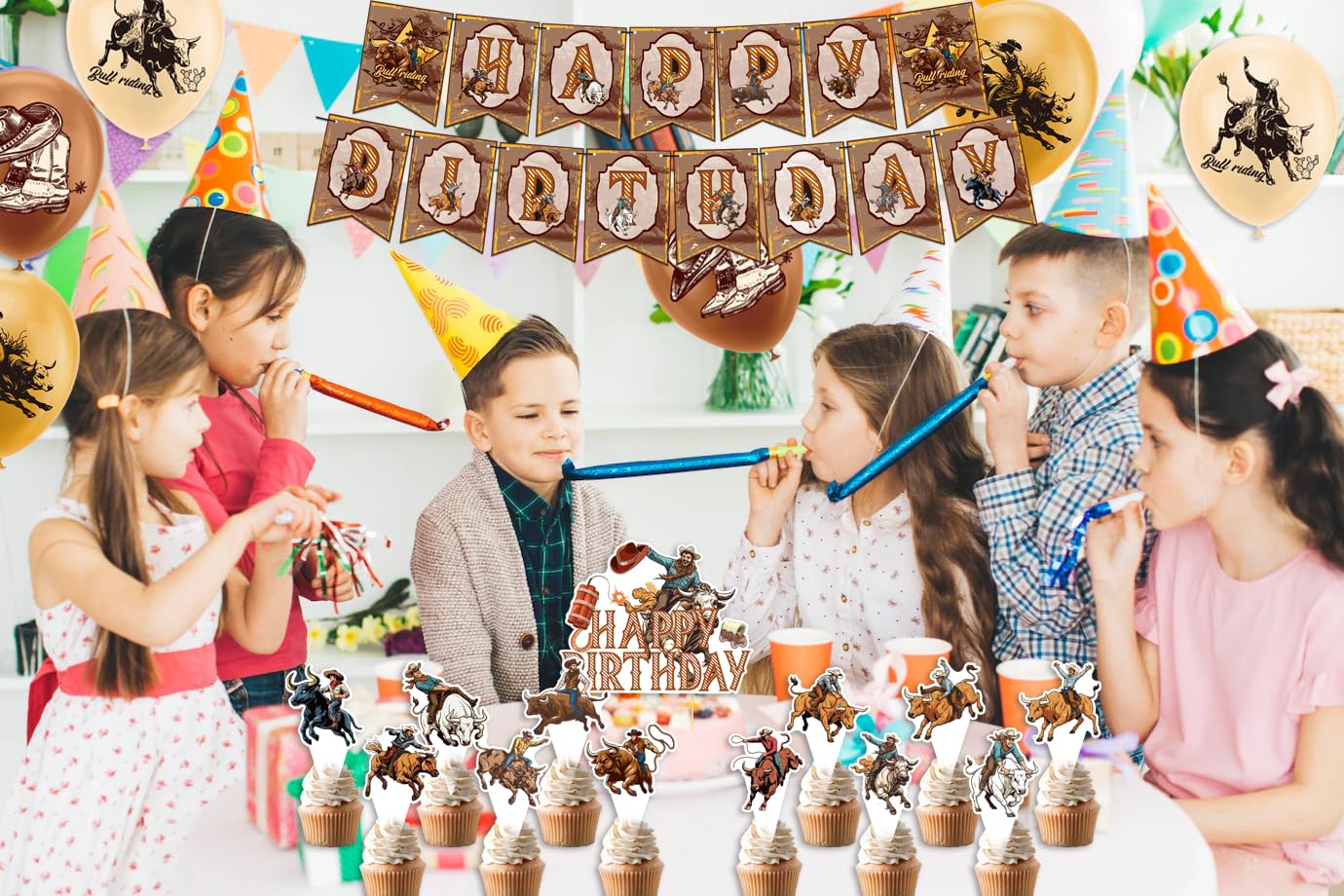 Bull Riding Birthday Party Decorations Bull Riding Party Supplies Kit with Banner, Cake Topper, Cupcake Topper, Balloons for Bull Riding Decoration Western Cowboy