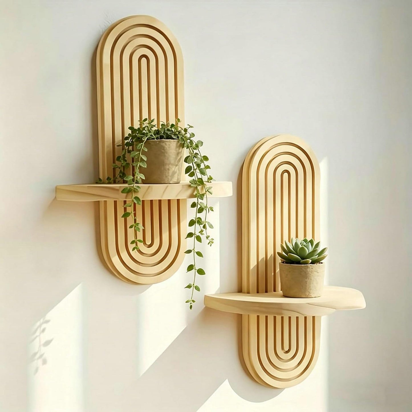 2 Pack Boho Wall Decor Shelf, Solid Wood Arched Wall Shelves, 11.8" X 7.8" Rustic Wall Mounted Shelves for Indoor, Wall Plant Holder for Succulents & Mini Plant Pots (Natural, 11.8" X 7.8")
