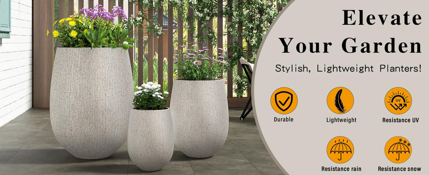 Modern Egg-Shaped Planter Set of 3, Lightweight MGO Stone Look Flower Pots with Drainage Holes & Rubber Plug for Indoor Outdoor Patio Garden Poolside Decor, Unique Textured Succulent Container