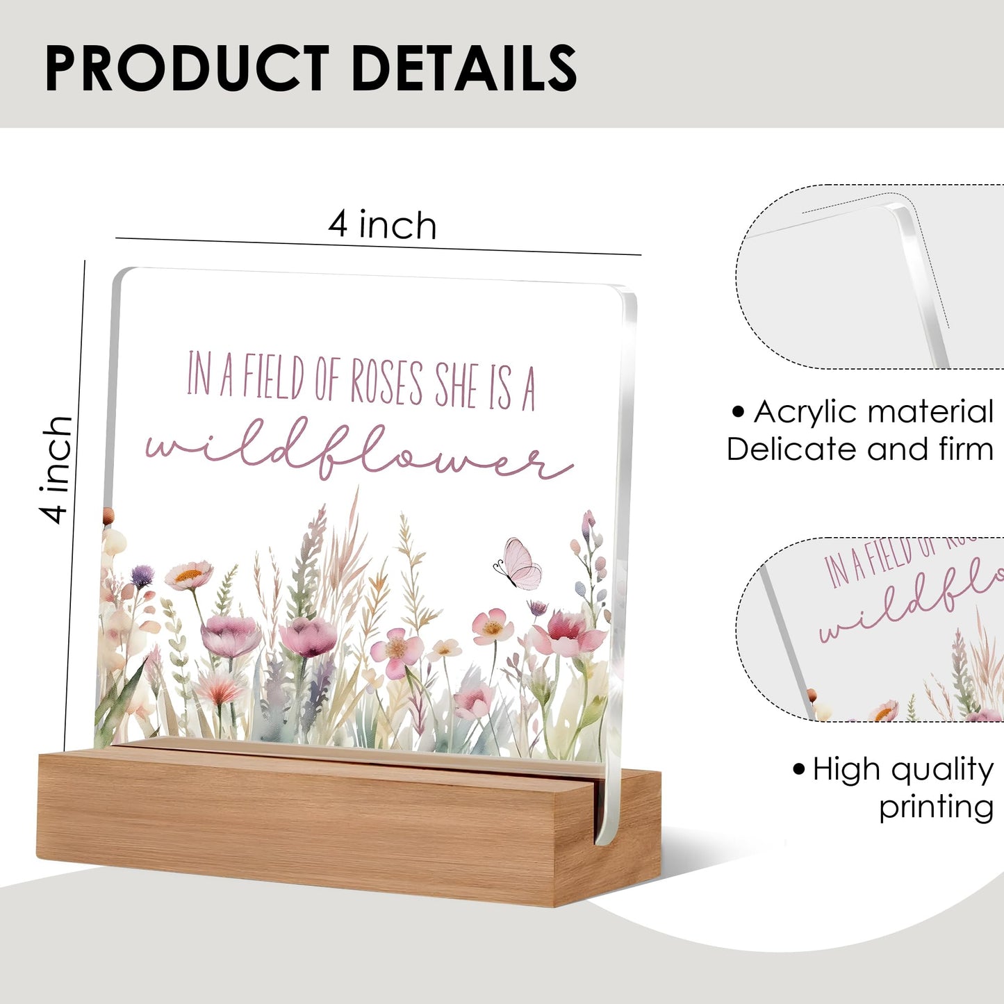 Lacosu Inspirational Desk Decor, Wildflower Acrylic Sign, 4 x 4 Inches, Acrylic & Wood, Home & Office Decor, Motivational Gift