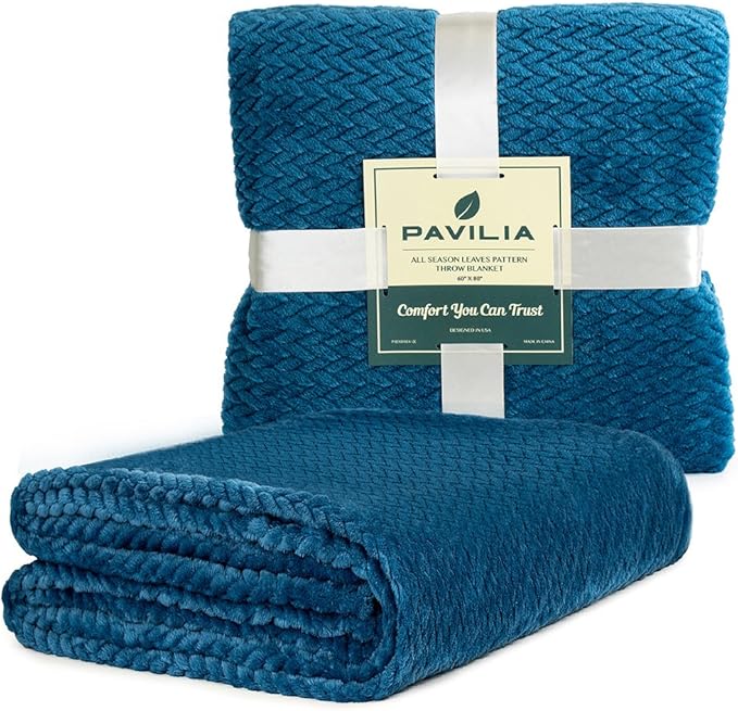 PAVILIA Soft Fleece Teal Blue Throw Blanket for Couch, Lightweight Plush Warm Blankets for Bed, Fuzzy Cozy Flannel Blanket Throw for Sofa, Travel, Jacquard Pattern, Teal Blue, Twin, 60x80 inch