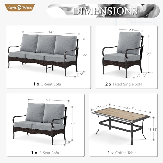 Sophia & William Patio Furniture Set, 5 Piece Metal Outdoor Conversation Set with 3-Seater Outdoor Couch, 2 Sofa Chairs, 1 Loveseat,1 Coffee Table for Outdoor Seating, Backyard, Porch(Grey)