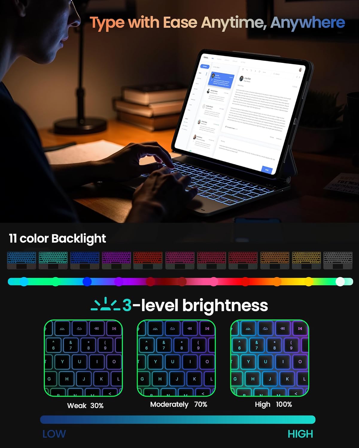 typecase Edge+ Keyboard Case for 2024 iPad Pro 13-inch (M4), Ultra-Slim Detachable Protective Case, Portrait & Typing Modes, Built-in Trackpad, 11-Color Backlight, Magnetic Stand, Pencil Holder, Black