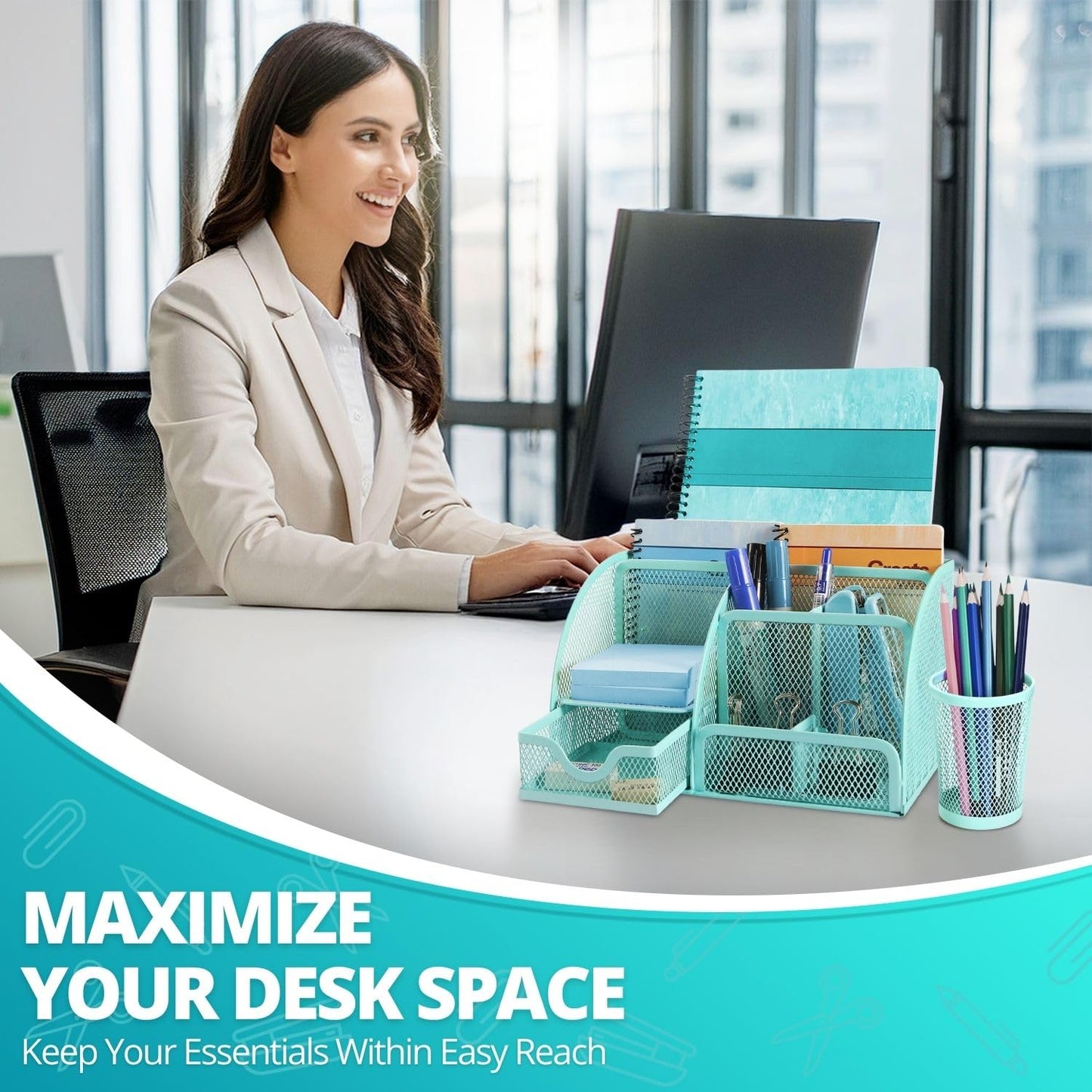 Flexzion Desk Caddy Organizer Set (Green) - Metal Mesh Desktop Caddy with Drawers, 6 Compartments, and Pencil Holder for Women & Men - Desktop Organizer and Storage for Work or Office Supplies
