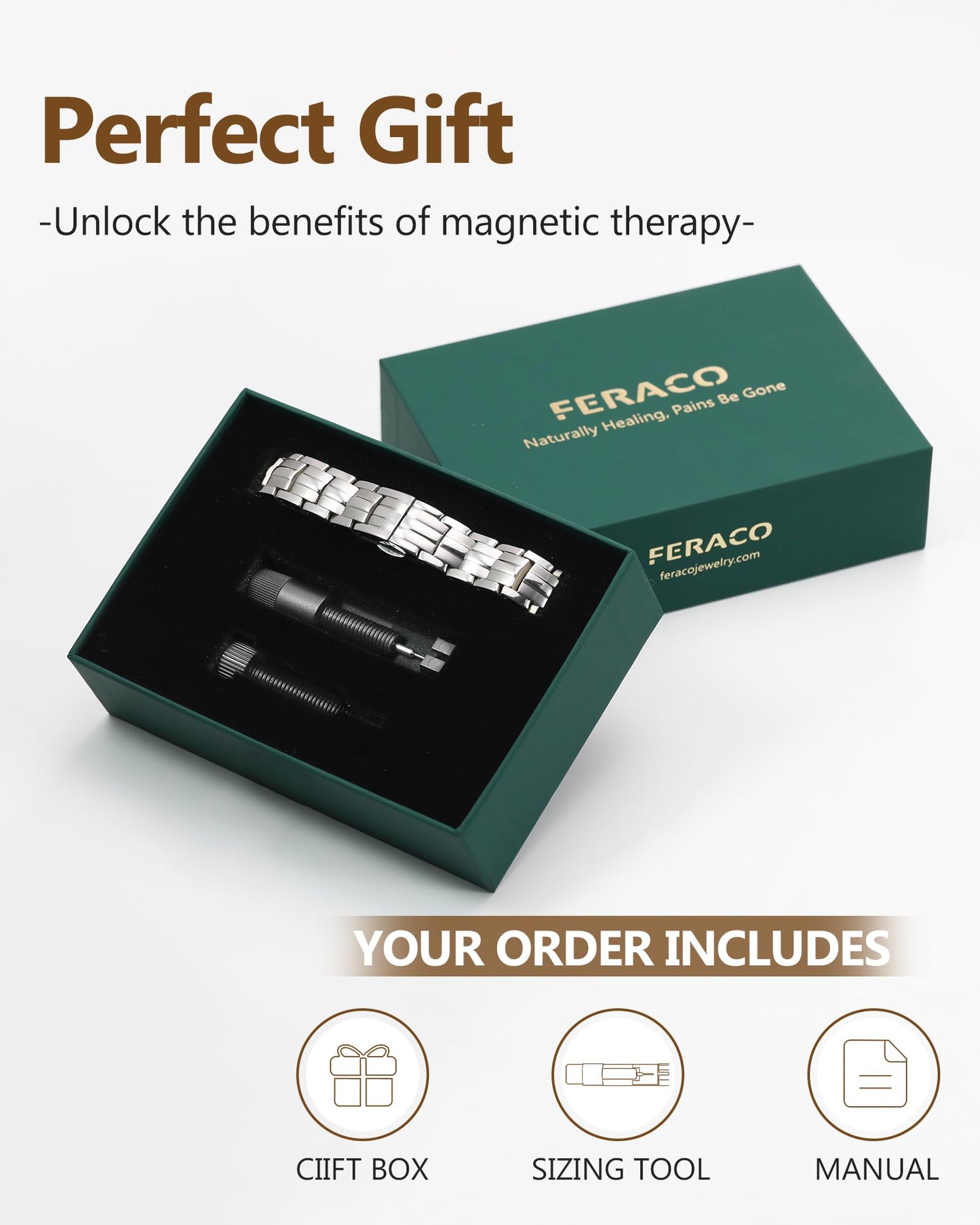Feraco Magnetic Therapy Bracelet for Men,Titanium Steel Bracelet with 5X Strength Magnets,Premium Fold-Over Clasp (Silver)