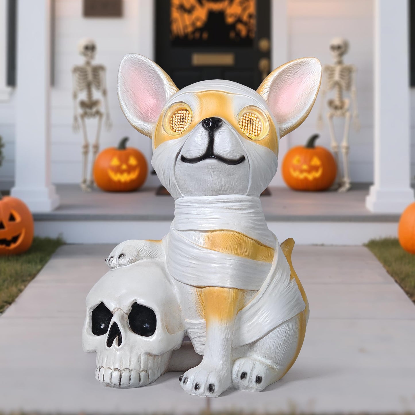 QOCNAM Halloween Decor Outdoor Solar Dog Statue Garden Decorations Holding Skeleton Statue Lights with 360° Spinning Glowing Eyes Ghost Garden Decor & Creative Gifts