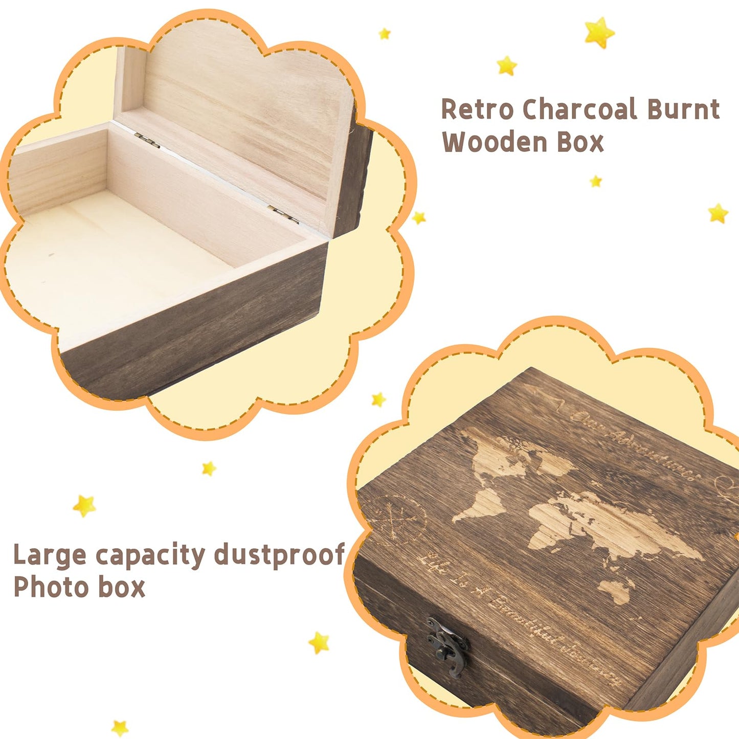 QoTang Our Adventures Box, 7.7 x 7.7 x 2.7 Inches, Decorative Wooden Keepsake Box Memory Box with World Map Background Engraved Wood Box with Lid Unique Gift Ideas Wedding Engagement Gift