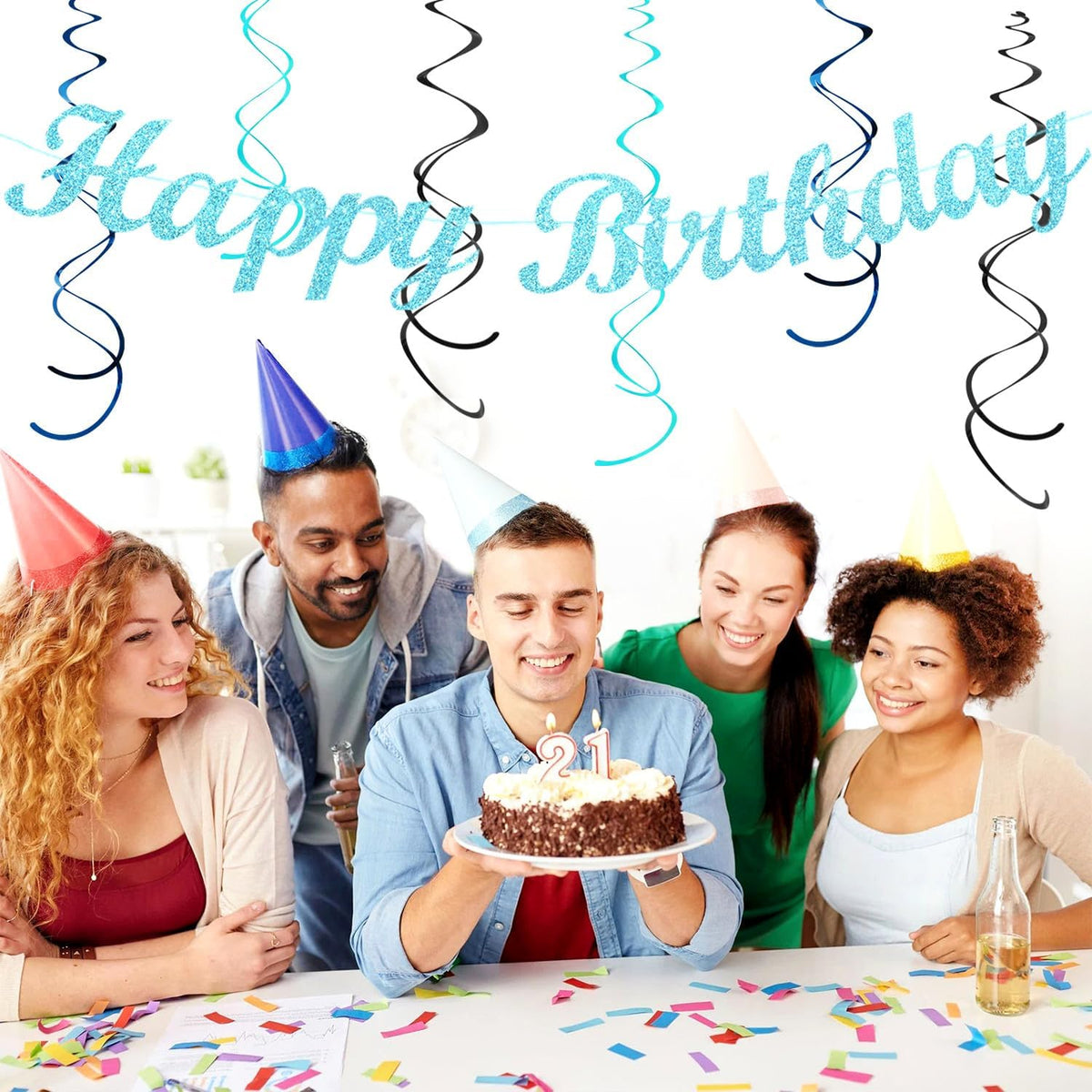 Light-Royal Navy-Blue Black Birthday Party-decorations - 21pcs Boys Men Happy Banner,Paper Streamers Lanterns Honeycomb,Tissue Pom Poms Fan,Adult Supplies Decor 16th 20th 40th 45th 50th 60th Huglony