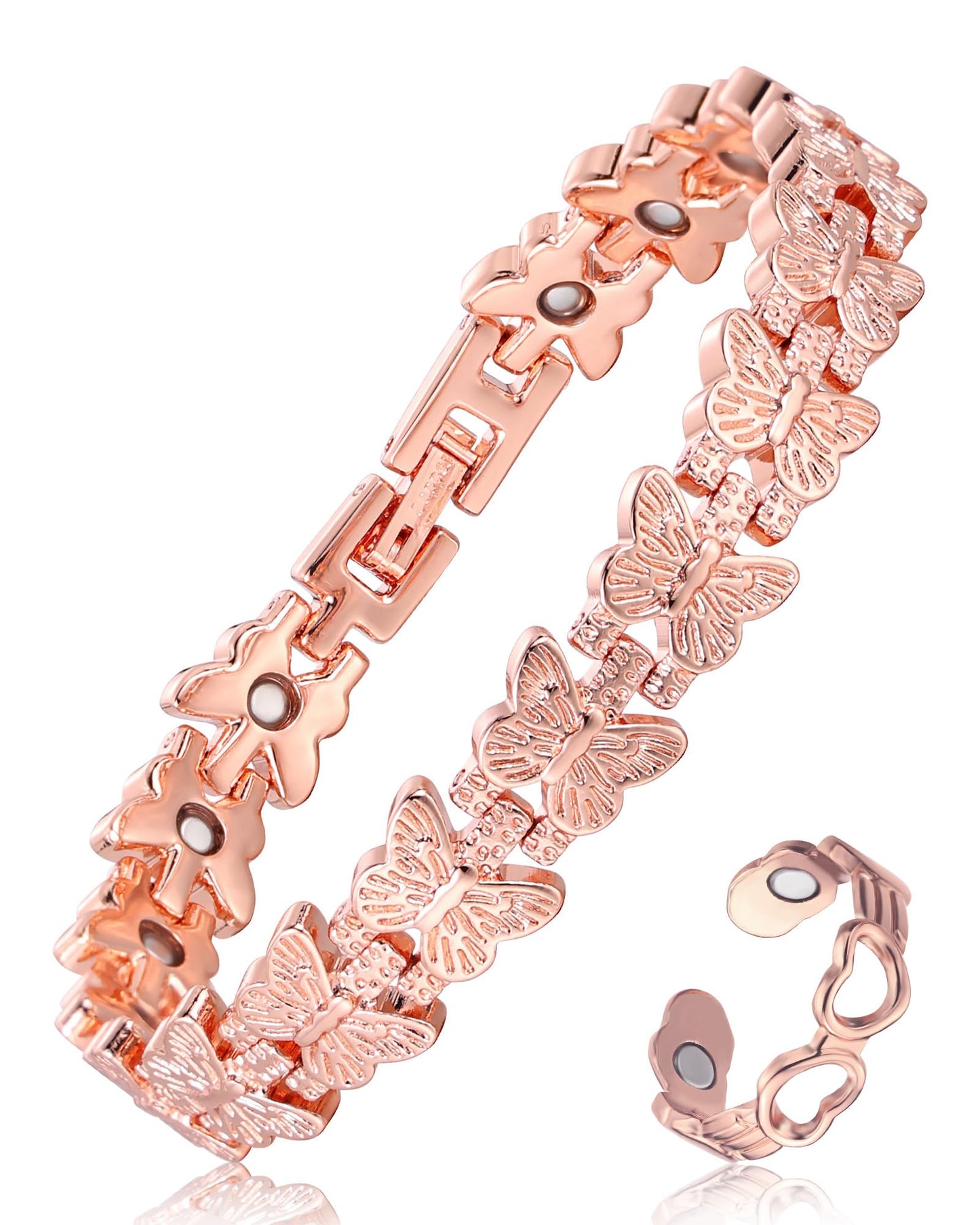 Fashtour Copper Bracelet and Ring Set for Women, 99.99% Pure Copper Magnetic Bracelet with Butterfly Design & Matching Adjustable Heart Ring – 3800 Gauss Magnets, Includes Sizing Tool & Gift Box